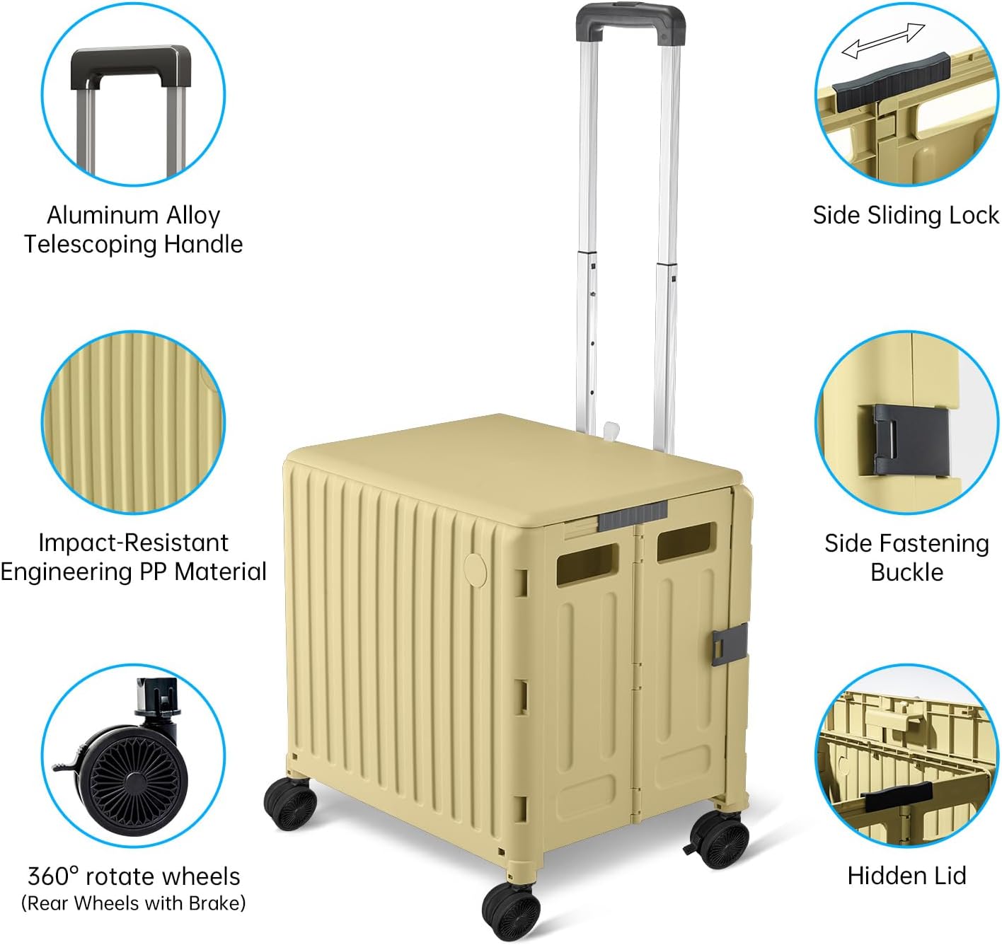 Folding Utility Cart with Wheels: Collapsible Rolling Carte for Teachers Handcart Shopping Trolley Portable Tool Box, All-Terrain Office Cart with Lid Basket Handle & Durable Frame