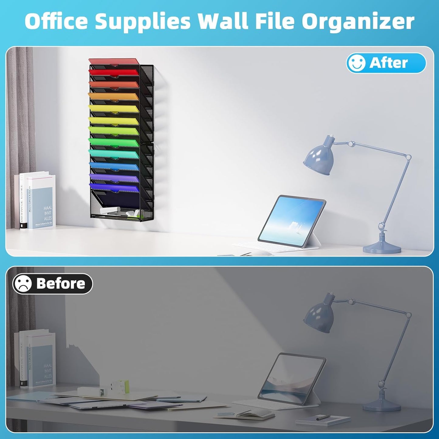 Marbrasse Wall File Holder 13-Tier Hanging Wall File Organizer, for Papers, Files Clipboard & Magazine Organizer, Wall Mount File Holder Great for Office Home (Black)