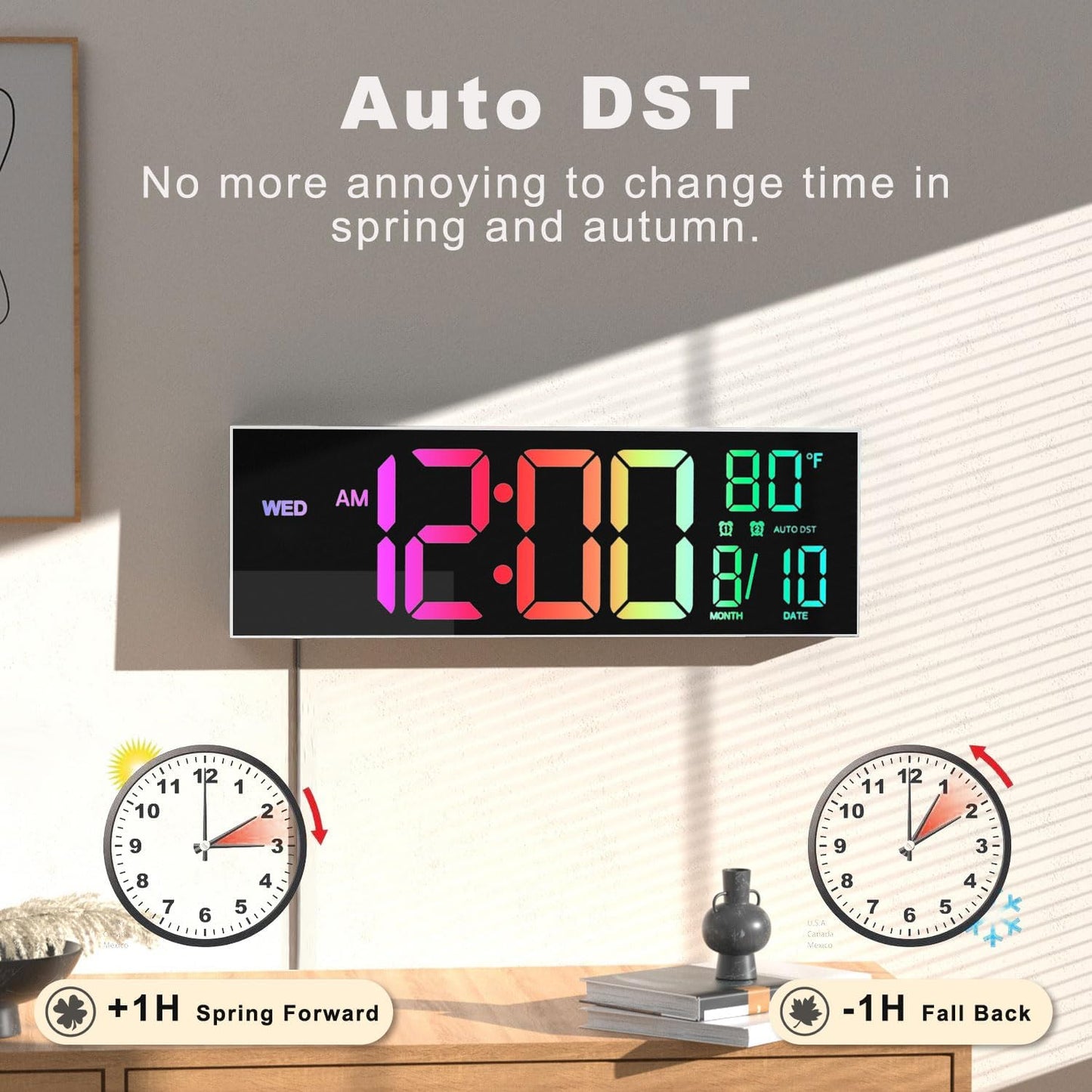 JALL 16" Large Digital Wall Mount Clock, Count Down Timer, Alarm, Big LED, 8 RGB Color, DST, Temperature for Living Room Classroom Desk, Xmas, Birthday Gift for Senior Mom Dad (White Shell, 16 inches)