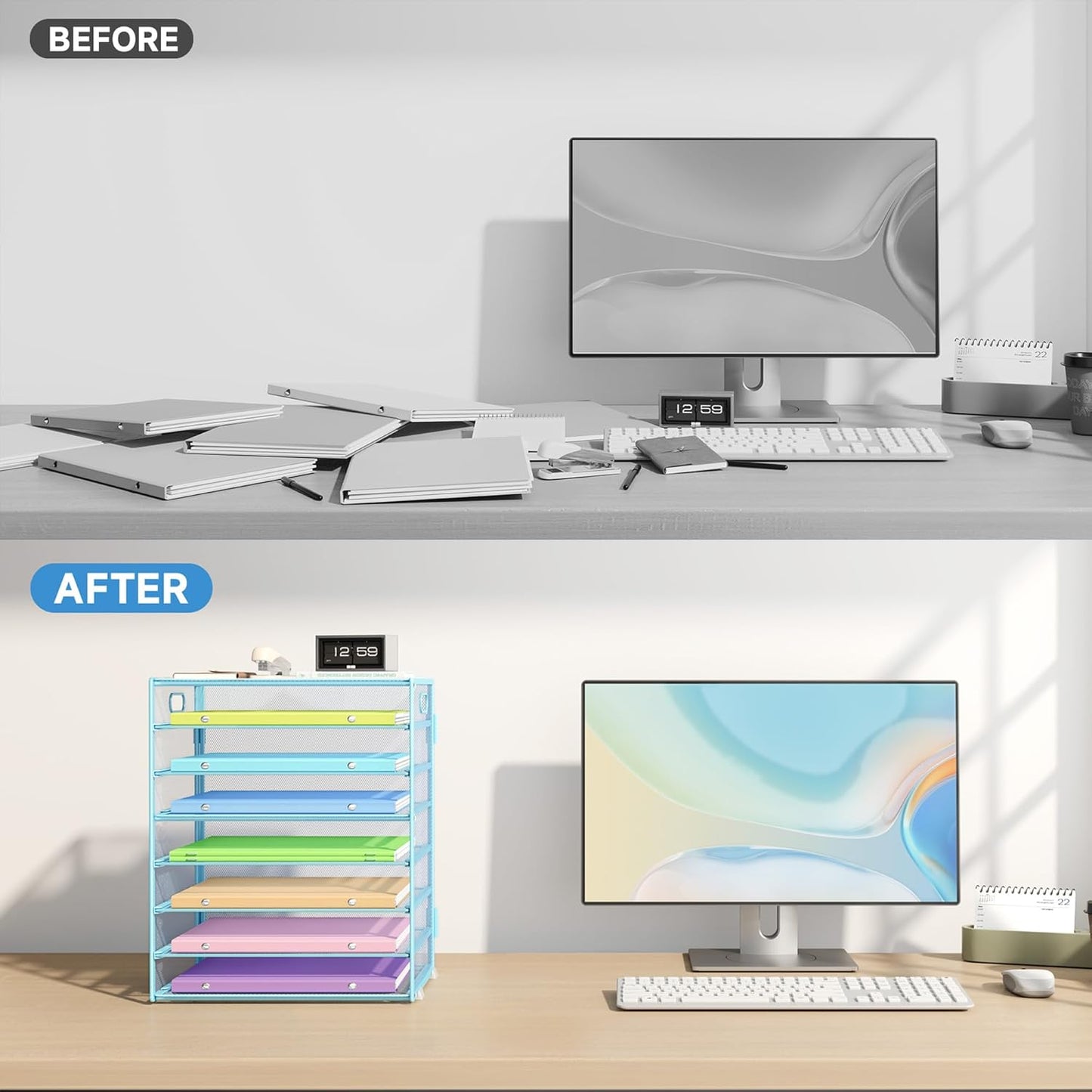 2 Pack 8 Tier Paper Organizer with Handle, Metal Mesh Desk File Organizer, Large Capacity Desk Organizers Paper Letter Tray Desktop Document Sorter for Office, Home or School - Blue