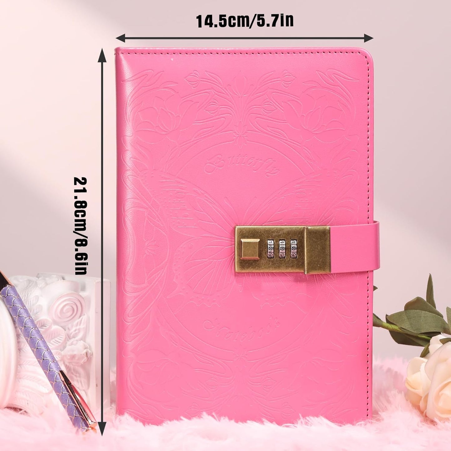 TIEFOSSI Diary with Lock for Women Girls, Lined Locked Journal, Butterfly Journal Notebook with Pen and Bookmark, A5 Refillable Locking Journals for Writing, 224 Numbered Pages