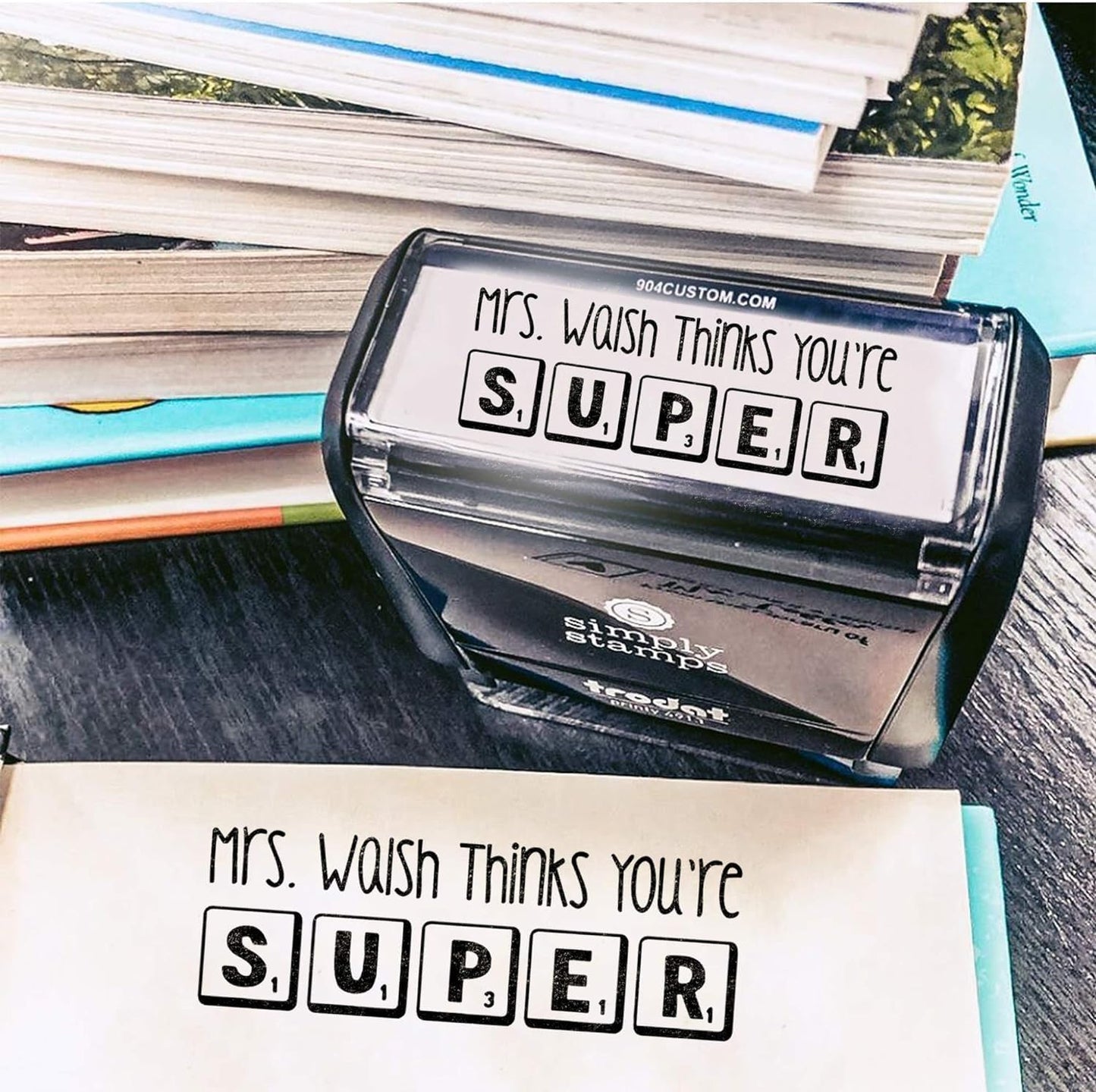 Custom Self-Inking Stamps | 49 Designs | Fun Phrases | Grading Made Easy | Classroom & Library Book Stamps (Super Tiles, Xtra Wide)