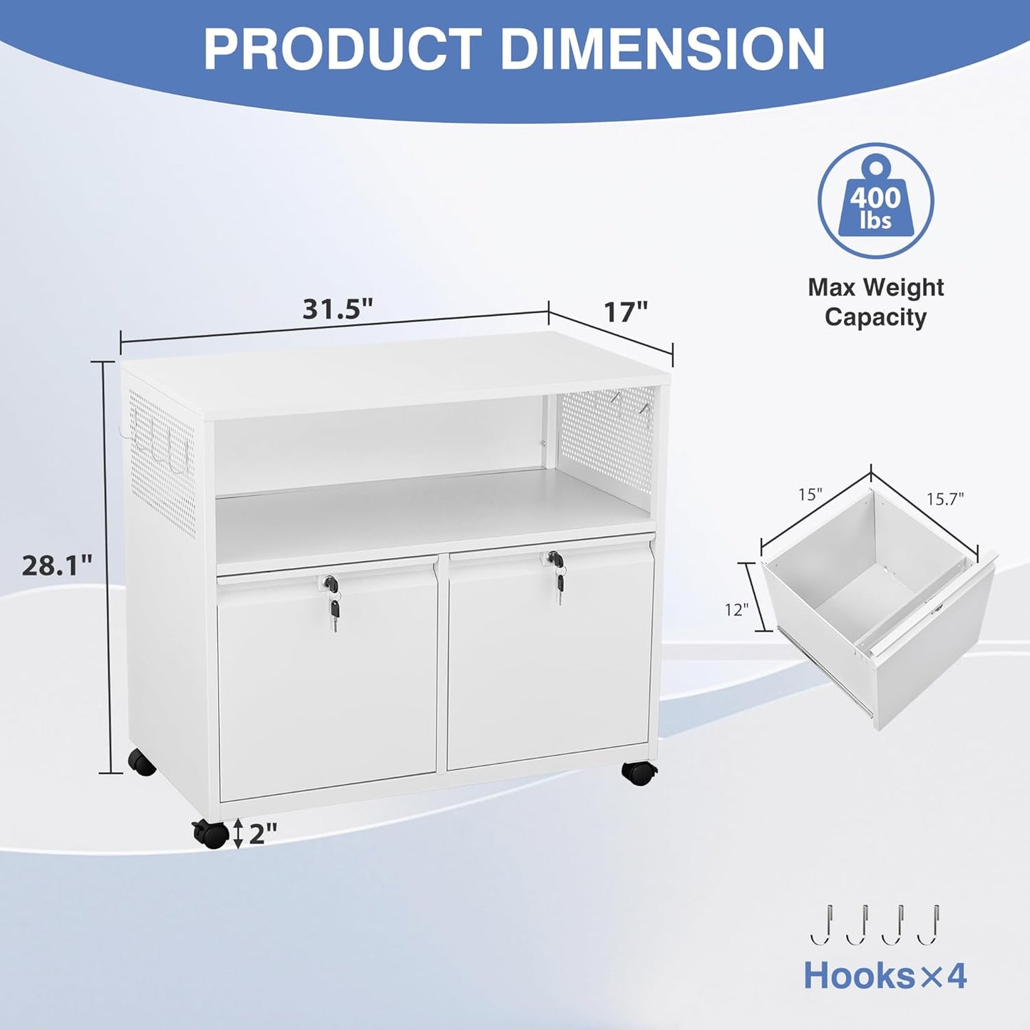 Metal File Cabinet,2 Drawer Lateral Filing Cabinet with Lock,Rolling Printer Stand Storage Cabinets with Shelves for Home Office Letter/Legal/A4 Size Files(White)