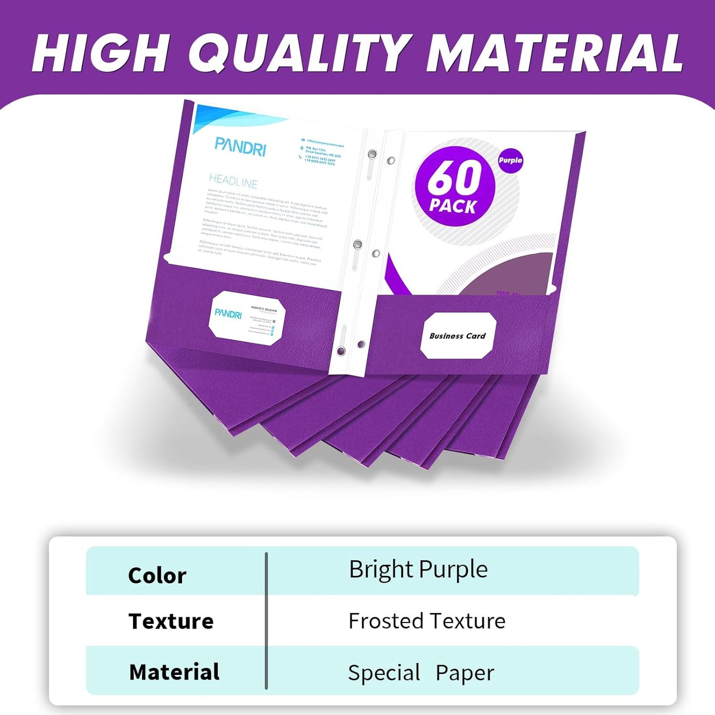 Two Pocket Folders, PANDRI 60 Pack Two Pocket Folders with Prongs, 3 Prong Folders Designed for Office and Classroom, Letter Size Purple