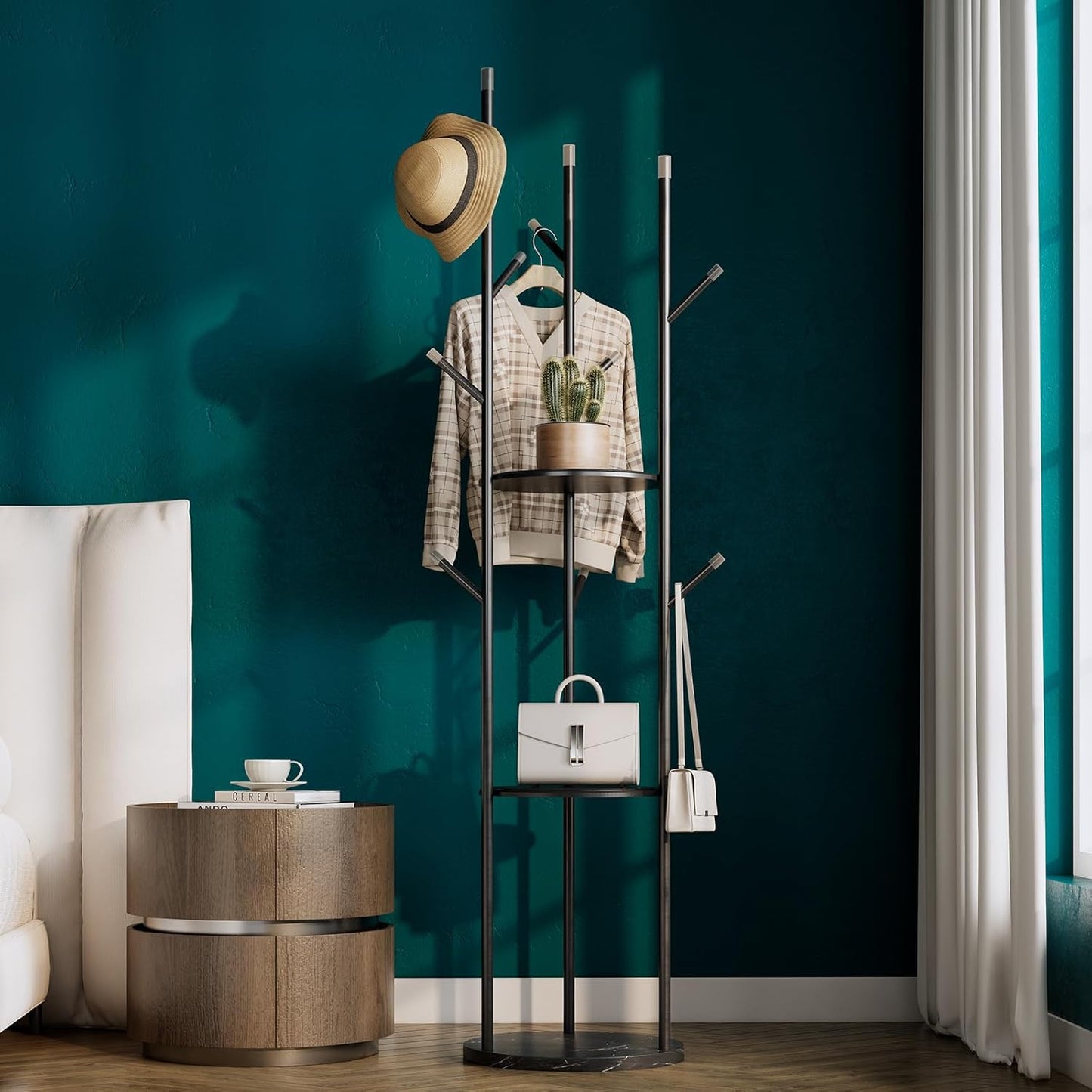 metal Coat Rack whit Marble base,heavy duty coat hanger Stand, Freestanding Coat Racks with 3 Shelves and 9 Hooks,Coat Tree for Entryway, Bedroom, Coats, Bags,purse