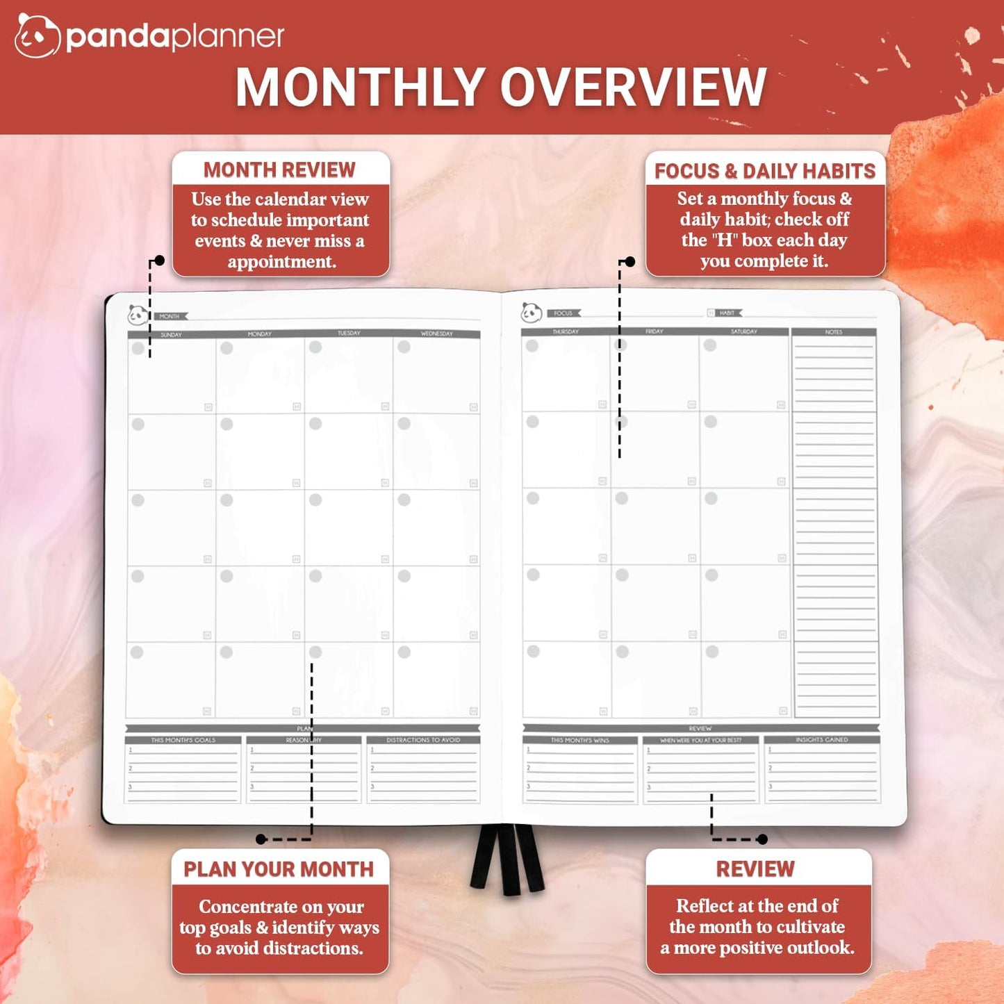 Panda Planner Pro 2025-2026 – Daily, Weekly & Monthly Planner for Productivity – Large 8.5x11 Undated Day Planner, Goal Planner, Project Organizer & Habit Tracker Notebook – Orange
