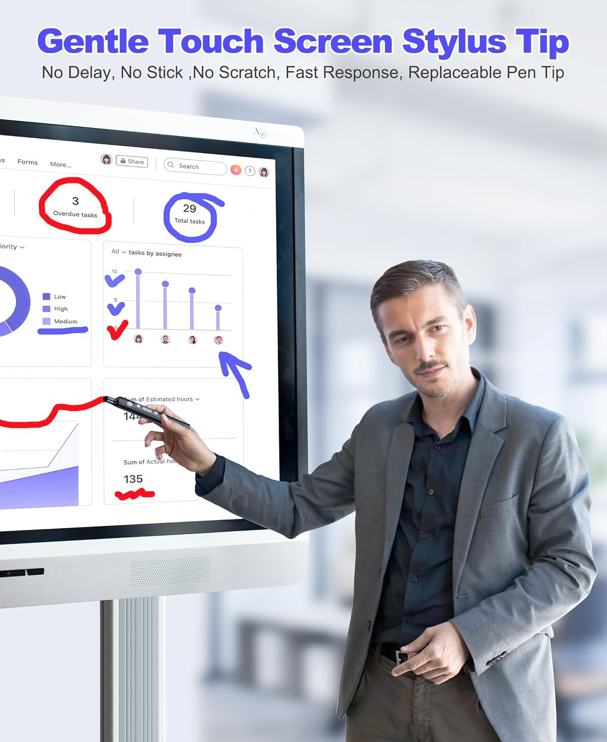 Rechargeable Wireless Presenter Remote with Touch Screen Stylus Pen and Telescopic Pointer Stick, Presentation Clicker with Digital Display- Ideal for PowerPoint Presentations on MAC, PC, and Laptops