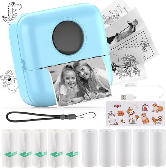 HuiJuKeJi Mini Sticker Printer Bluetooth Smart Pocket Inkless Thermal Printer with 11 Rolls Thermal Paper and Sticker for iOS&Android, Portable Receipt Printer for Photo Journal Notes Memo