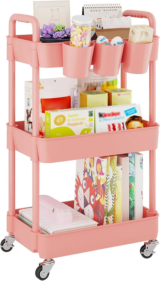 UDEAR 3-Tier Rolling Utility Cart,Multifunctional Storage Shelves with Handle and Lockable Wheels for Room,Office,Kitchen,Bathroom,with 3 Hanging Cups,Pink