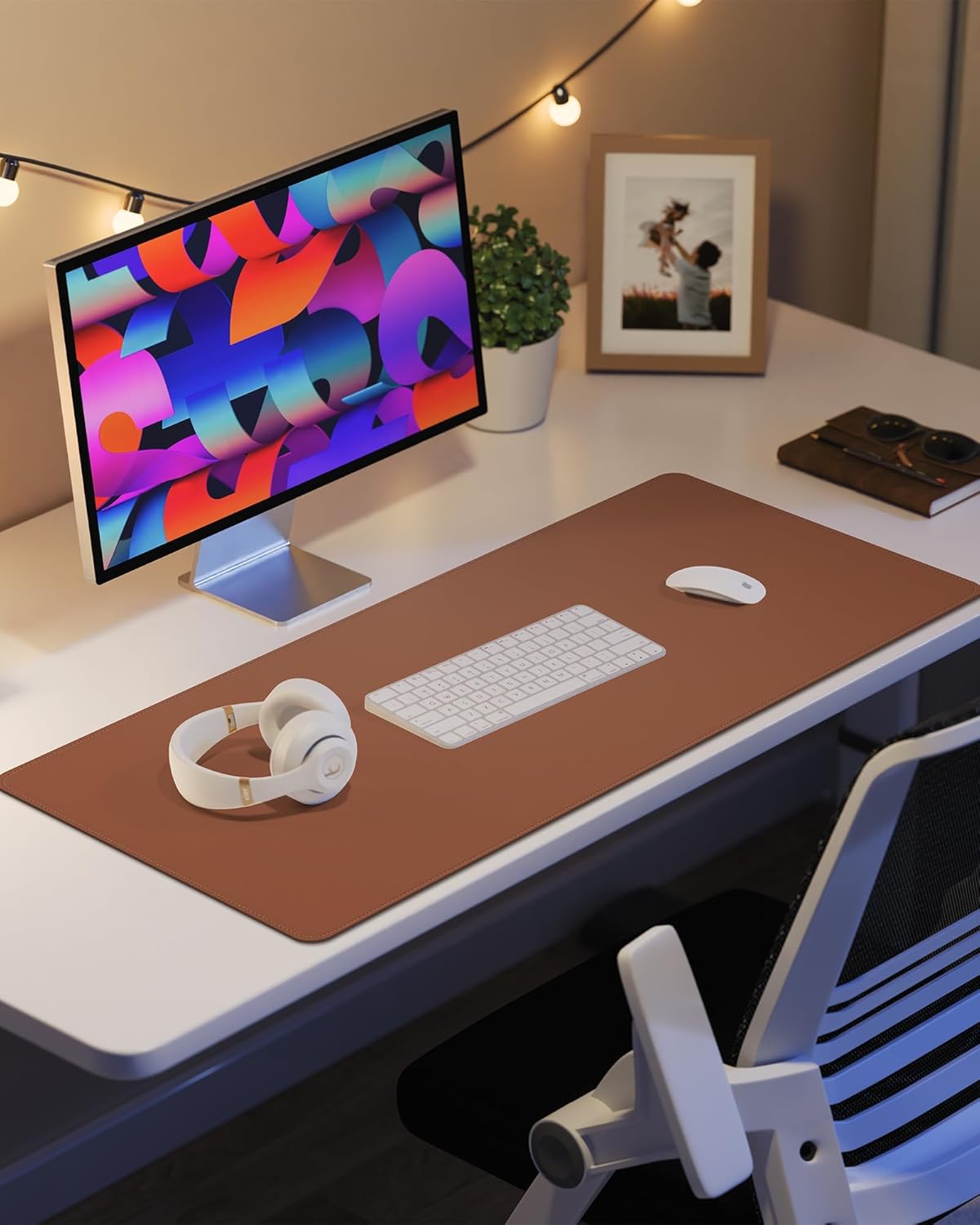 Leather Desk Pad Protector Large Mouse Pad, Stitched Locking Edge Laptop Computer Desk Mat Blotter, Non-Slip Waterproof Durable Writing Pad for Office and Home (Brown, 80 x 40cm)