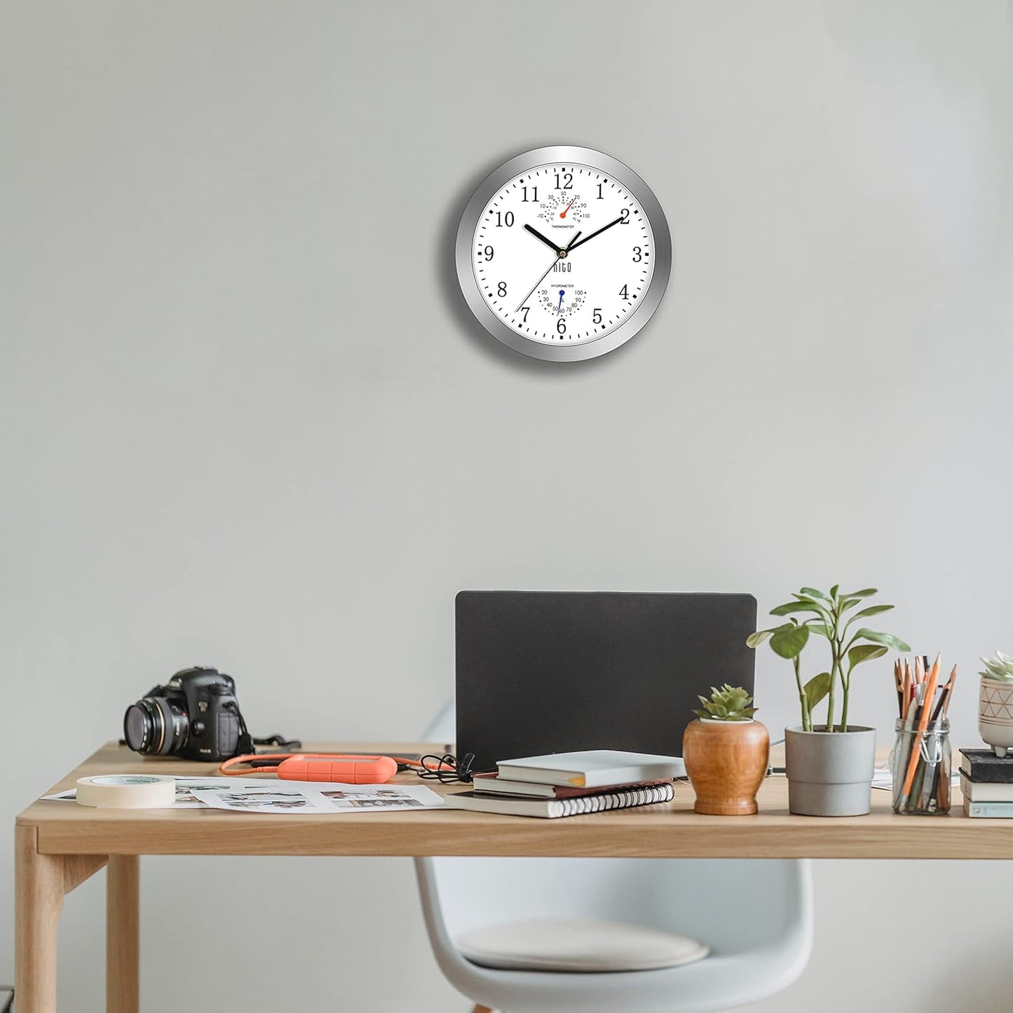 HITO 10 Inch Silent Wall Clock Battery Operated Non Ticking Glass Cover Silver Aluminum Frame, for Kitchen, Bedroom, Home Office, Living Room Decor (White)