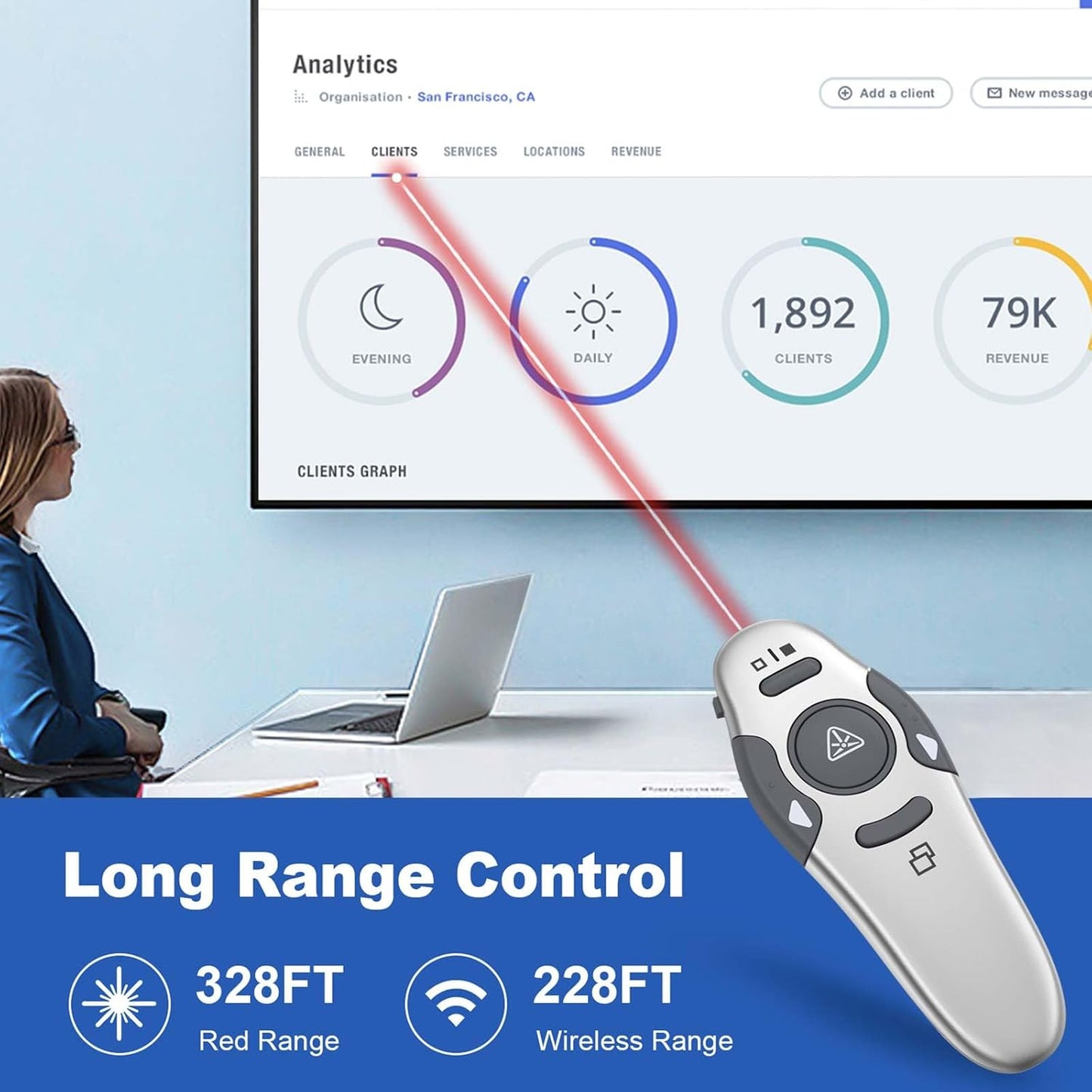 QUI Presentation Clicker Wireless Presenter Remote Clicker for PowerPoint Presentation Remote, PowerPoint Slide Advancer for Mac/Windows/Linux, Google Slide/PPT/Keynote, USB, Silver