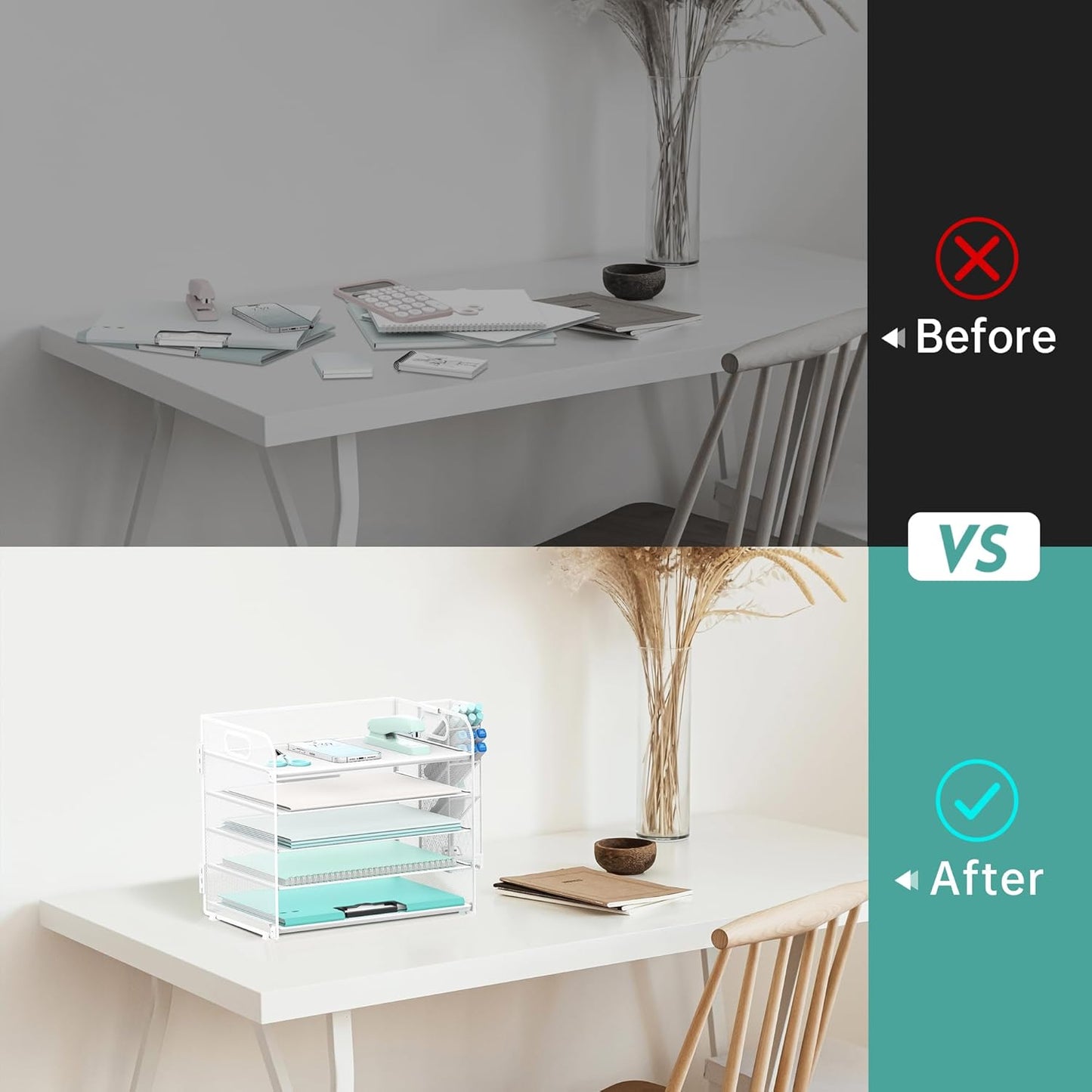 SUPEASY 5 Tier Desk Organizer with Handle & Removable Pen Holders, Mesh Paper/File Organizer for Desk, Paper Letter Tray Organizer for Office Supplies (White)