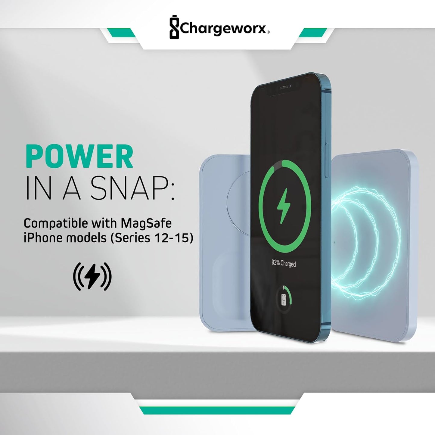CHARGEWORX 3-in-1 Wireless Charger, Foldable Magnetic Charging Station with 15-Watt Fast Charging, Compatible with iPhone, Samsung, and Other Phones, Smartwatches, and Headphones, Blue