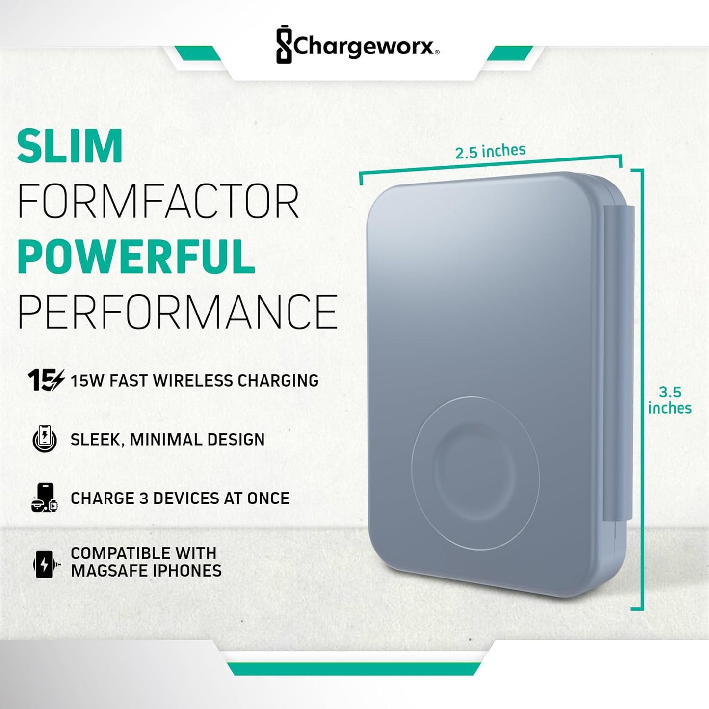 CHARGEWORX 3-in-1 Wireless Charger, Foldable Magnetic Charging Station with 15-Watt Fast Charging, Compatible with iPhone, Samsung, and Other Phones, Smartwatches, and Headphones, Blue
