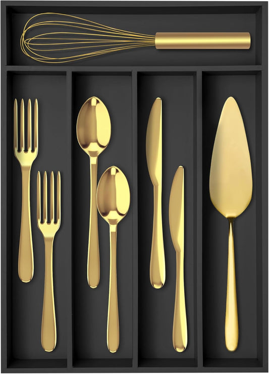 Silverware Organizer Bamboo Kitchen Drawer Organizer Utensil Organizer Silverware Holder Cutlery Organizer in drawer Flatware Organizer Tray (Black 5 Slots)