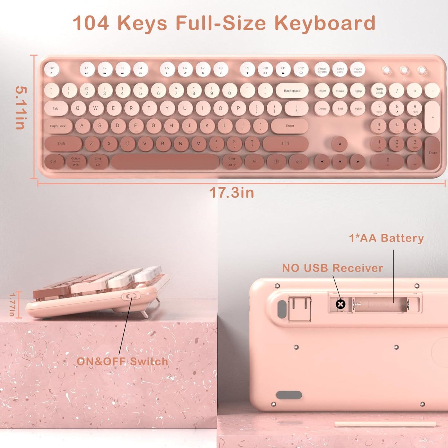 Colorful Wireless Keyboard and Mouse Combo, COVEVA 2.4GHz Wireless Retro Cute Round Keycaps Keyboard, 104 Keys Full-Sized Keyboard Mouse Set with Switch Button for PC Laptop Desktop (Rose Gradient)
