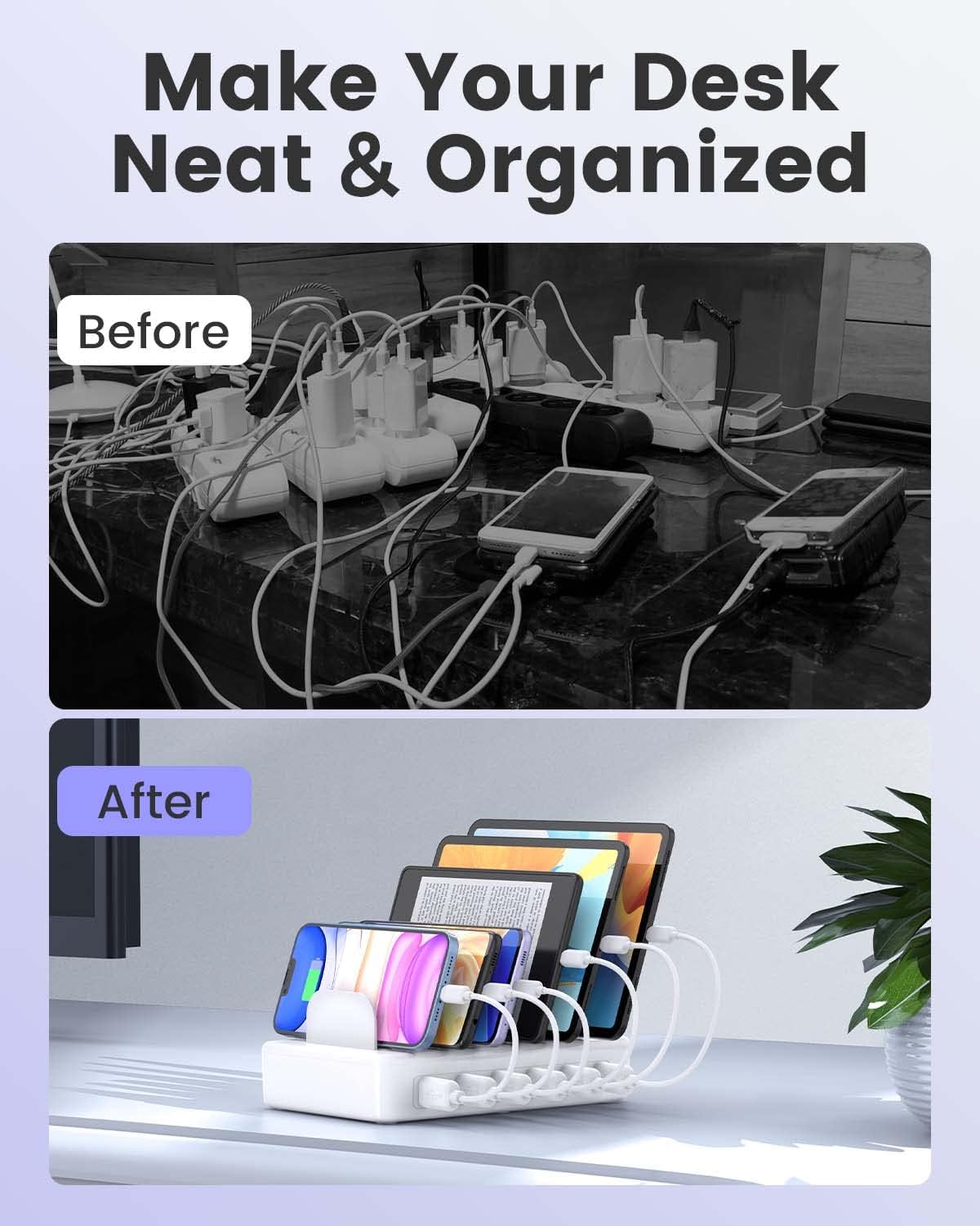 Charging Station for Multiple Devices Apple, CREATIVE DESIGN 50W Multi Charger Station with 6 USB Ports & 6 Cables, Charging Dock for Apple Android Phone iPad Kindle Tablet and Other Electronic