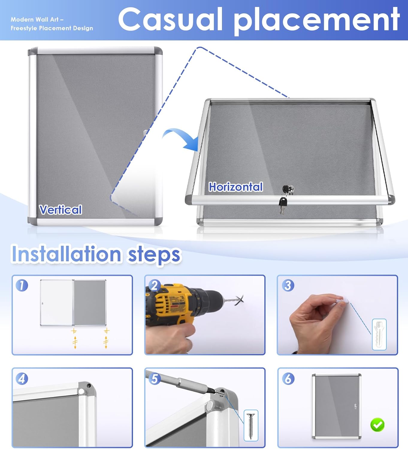 SWANCROWN Enclosed Bulletin Board Lockable Noticeboard Case with Aluminium Frame,Grey Felt, 20x14inch (2xA4)