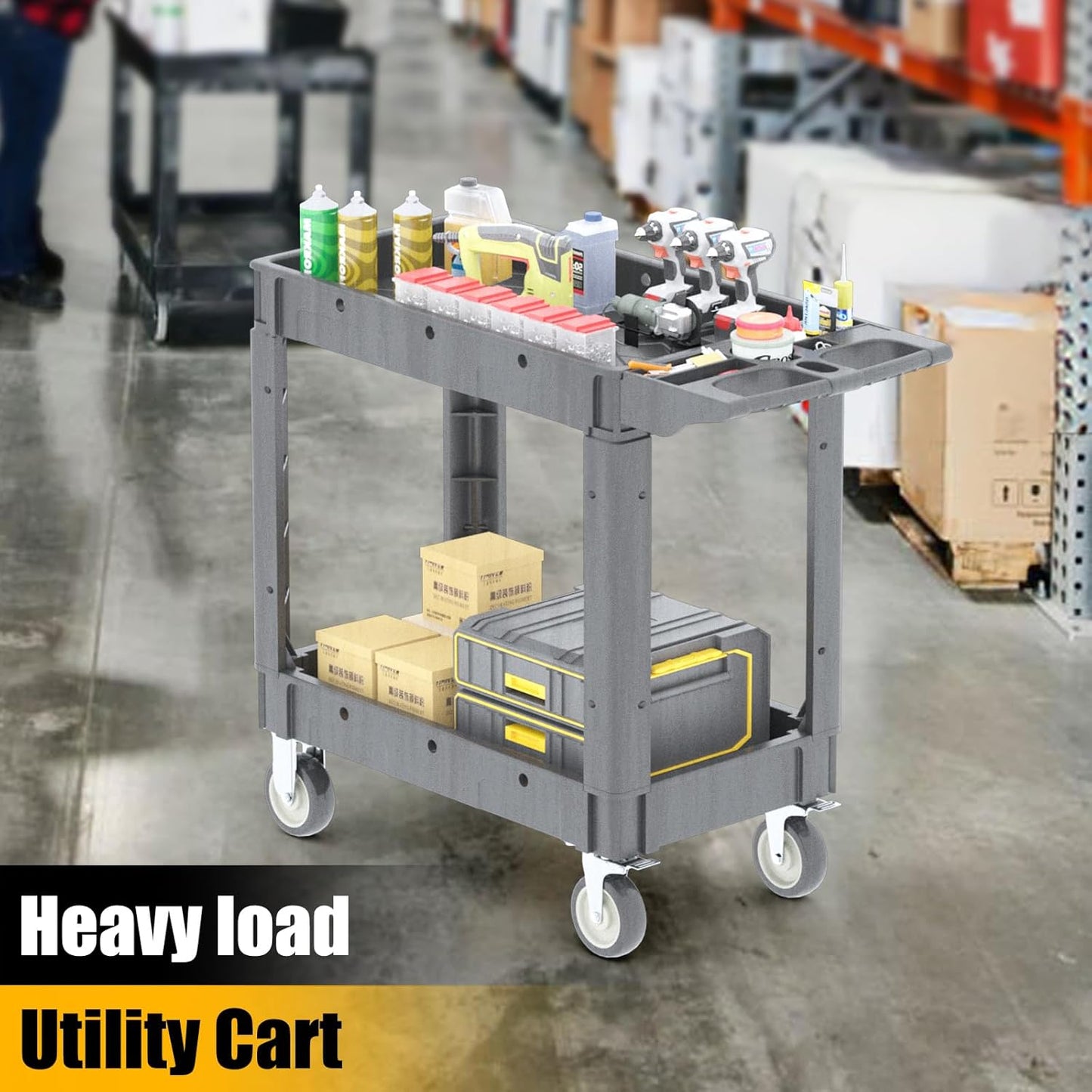 Utility Rolling Tool Cart, 40 x 17-Inch Plastic Rolling Carts, Huge Storage W/Deep 2-Shelf Heavy Duty Service Cart with Wheels, 550 lbs Capacity Organizer for Garage, Warehouse, Workshop