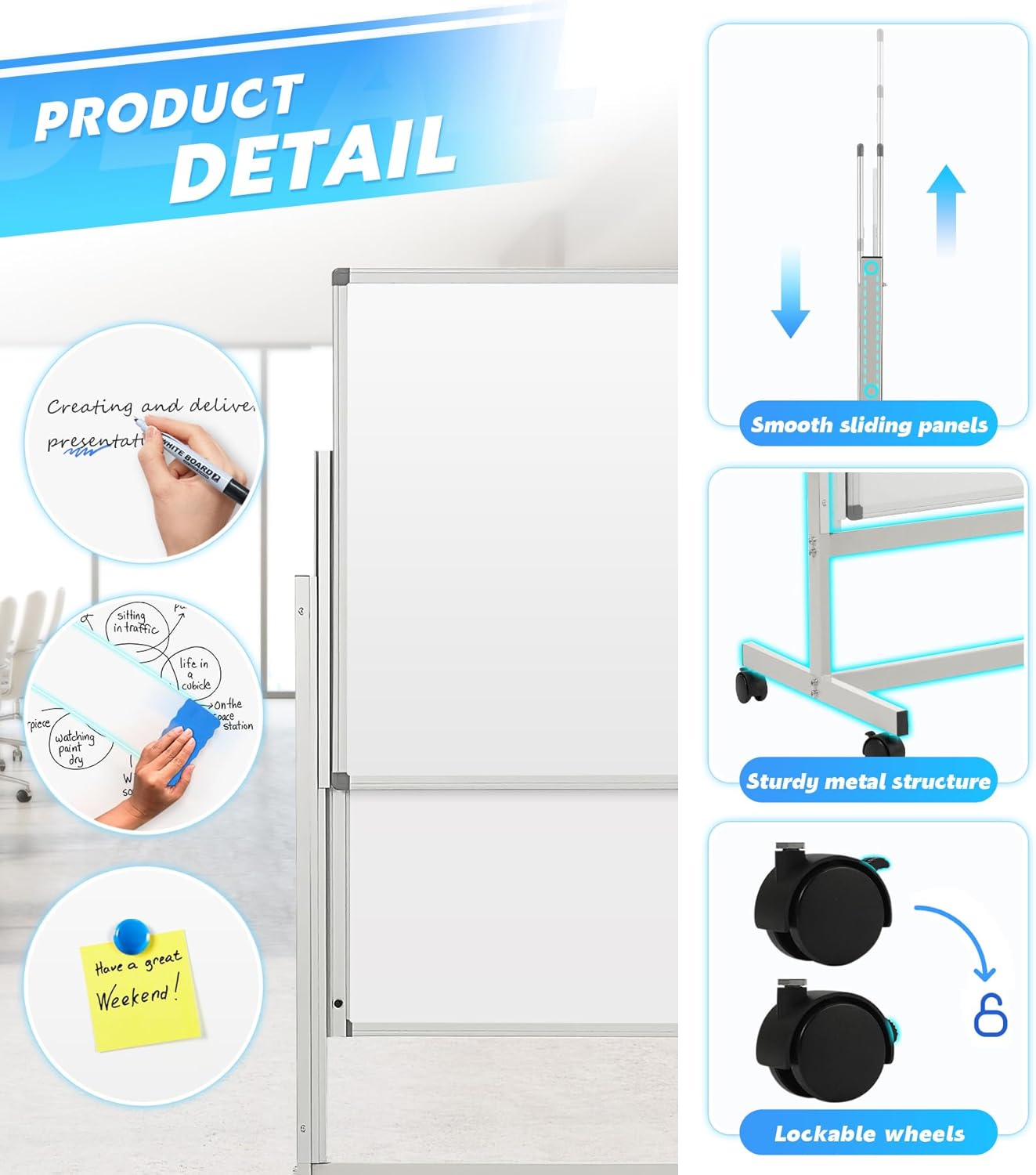 MAKELLO Rolling Whiteboard on Wheels 60x48 in, Large Dry Erase Board with Stand, Double Sided Magnetic White Board for Office School Home, Height Adjustable, Aluminum Frame, 5'x4'