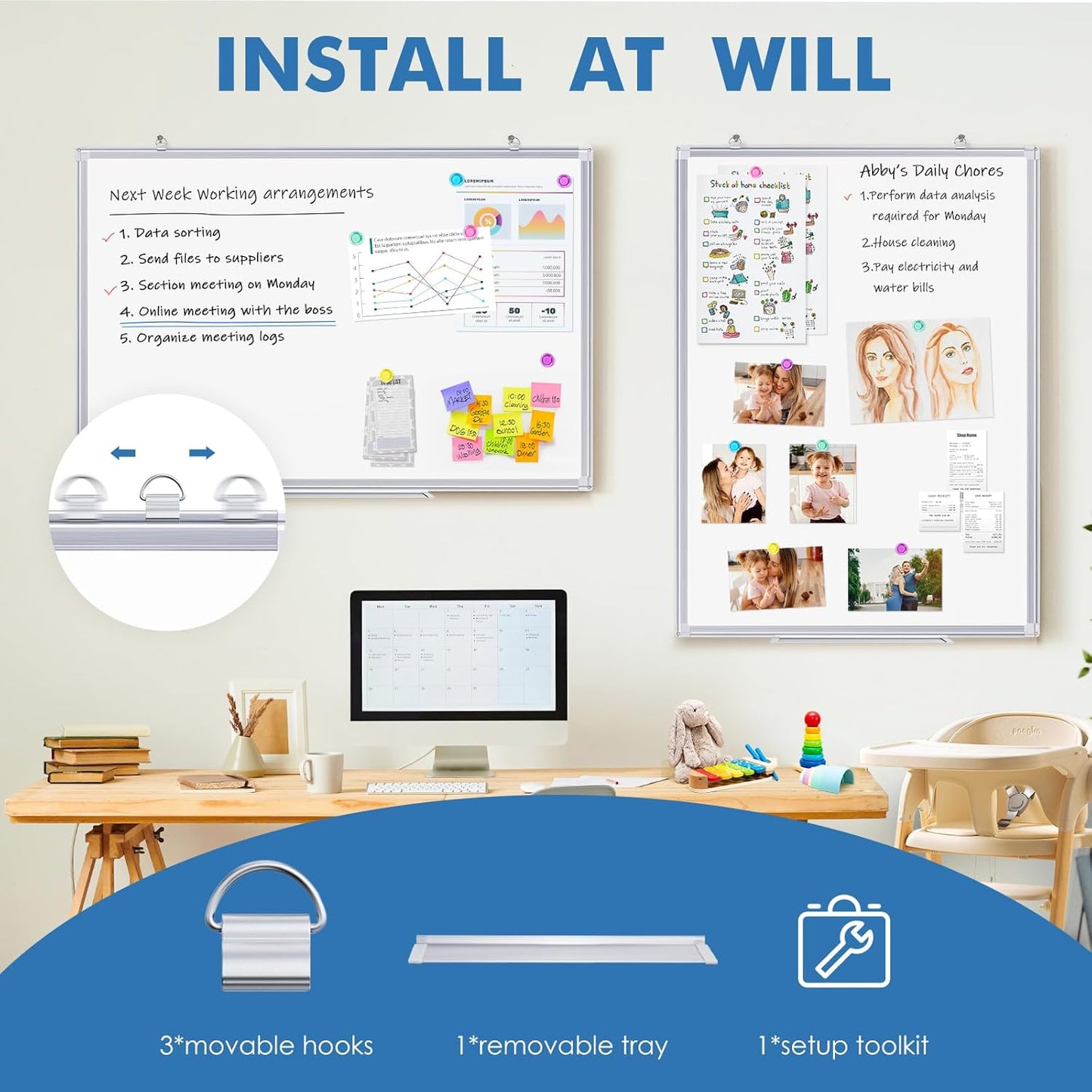 Double Sided White Board Dry Erase, 30 x 20 inch Magnetic Dry Erase Board Whiteboard for Wall, Aluminum Frame Wall-Mounted or Hanging Whiteboard Marker Board Writing Board