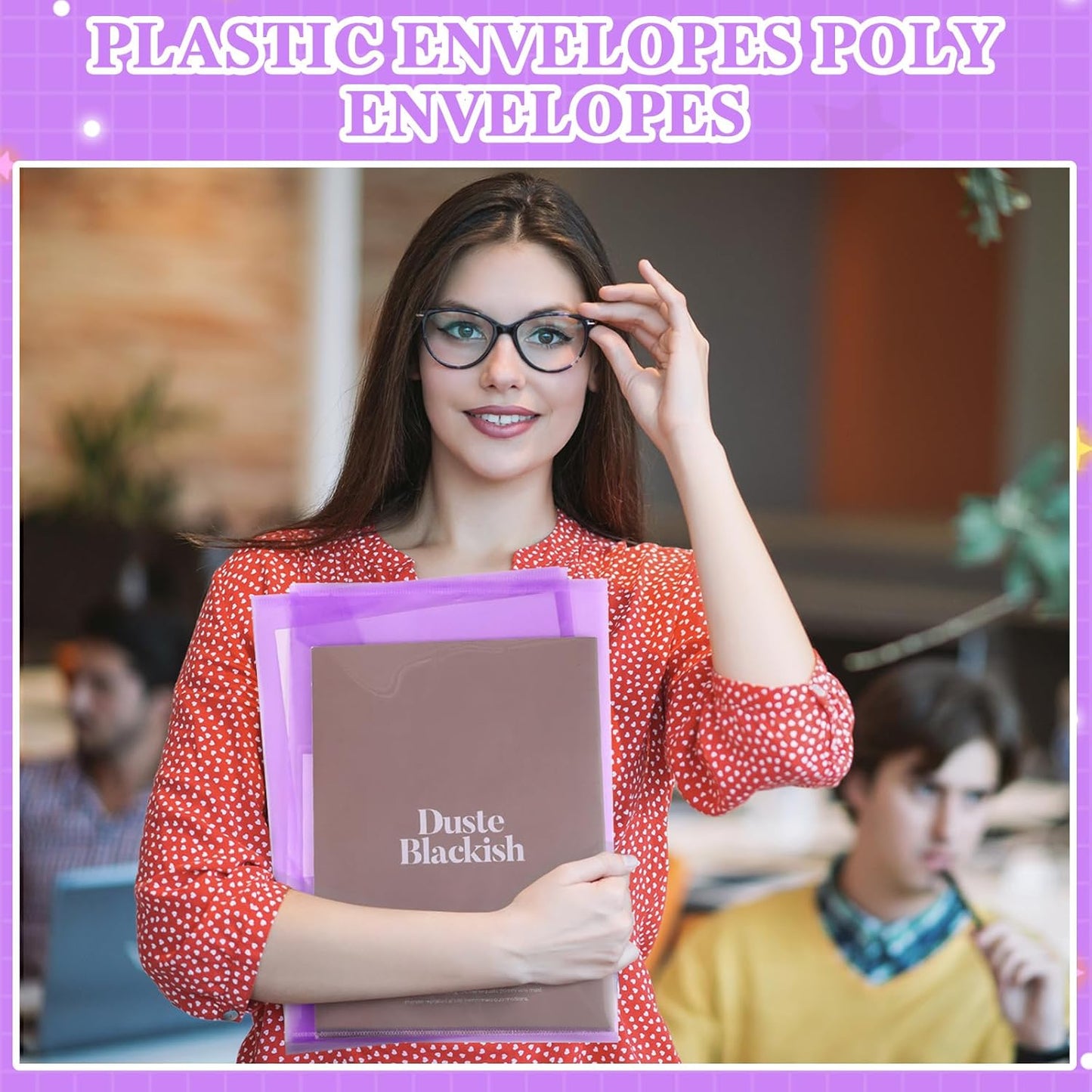 Yeaqee 50 Pcs Plastic Envelopes Poly Envelopes File Folders with Snap Button Closure Clear Folders for Documents US Letter A4 Size Filing Holder with Label Pocket for Home Office School(Purple)