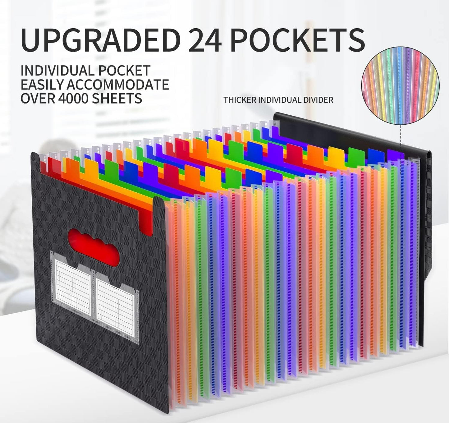 25 Pockets Accordion File Organizer Expanding File Folders,Expandable Document Organizer Plastic Accordian Filing Folder,A4/Letter Size Paper,Portable File Box,2 Tabs, Upgraded Grid Pattern
