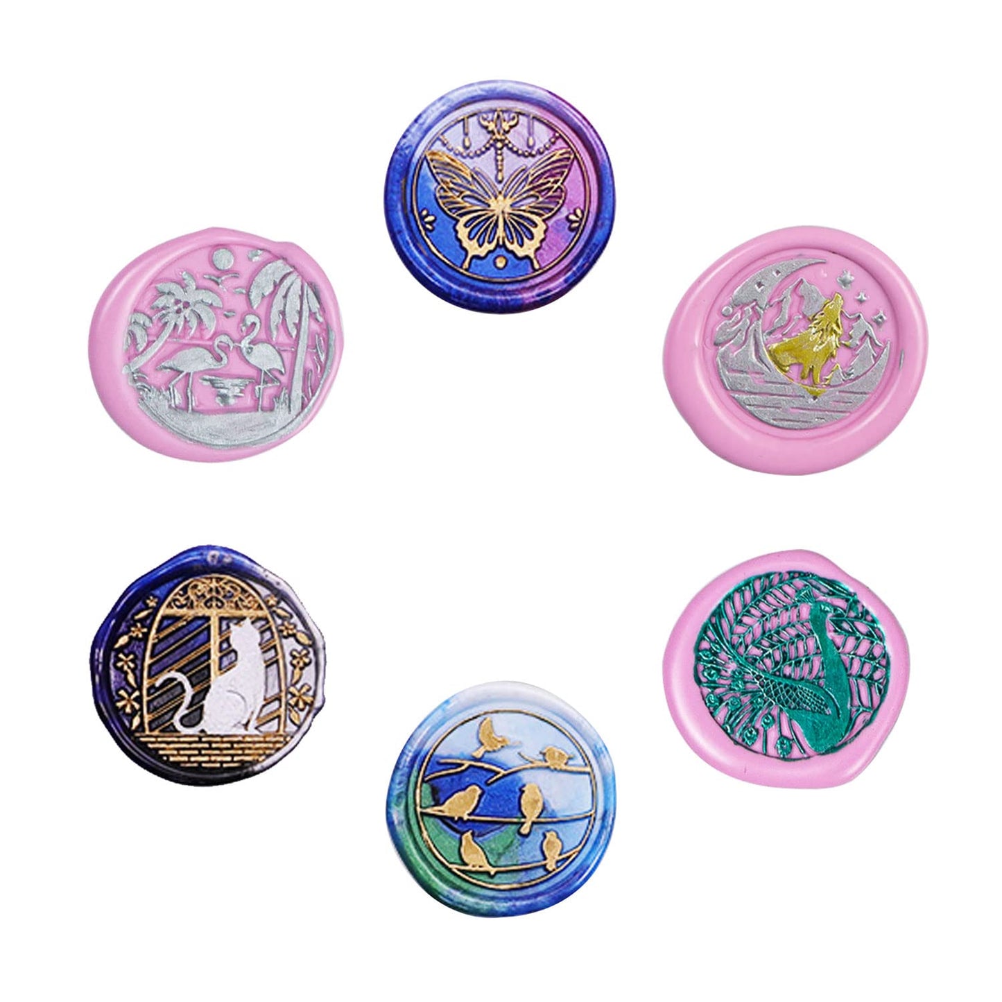 Wax Seal Stamp kit, ANBOSE Animal Wax Seal Stamp Set with 6 PCS Removable Brass Heads and 1 Wooden Handle, Retro Cat Birds Peacock Butterfly Sealing Wax Stamp for Cards Invitations