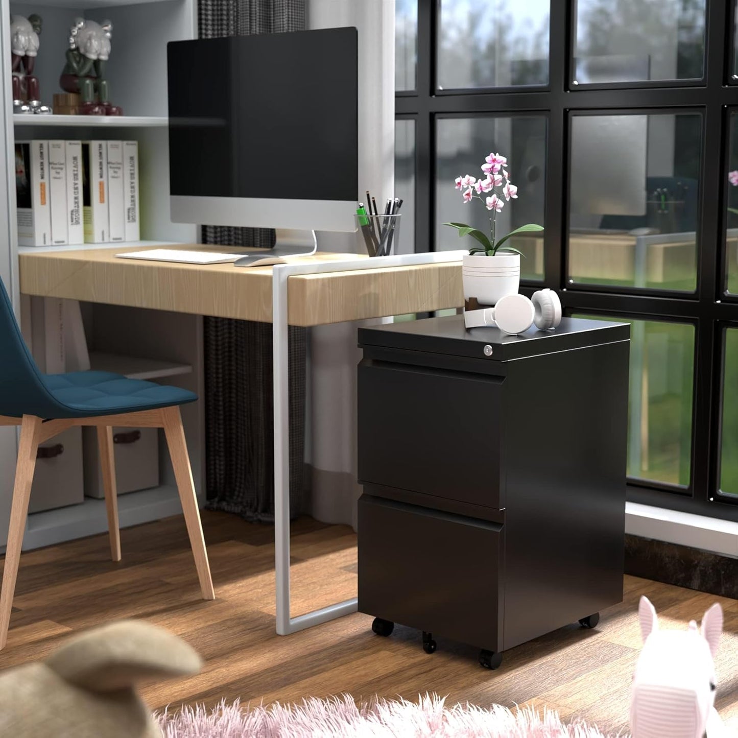 Aobabo 2 Drawer File Cabinet, Lockable Metal Filing Cabinet with Wheels for Home Office, Legal/Letter Size, Fully Assembled Except Wheels, Black