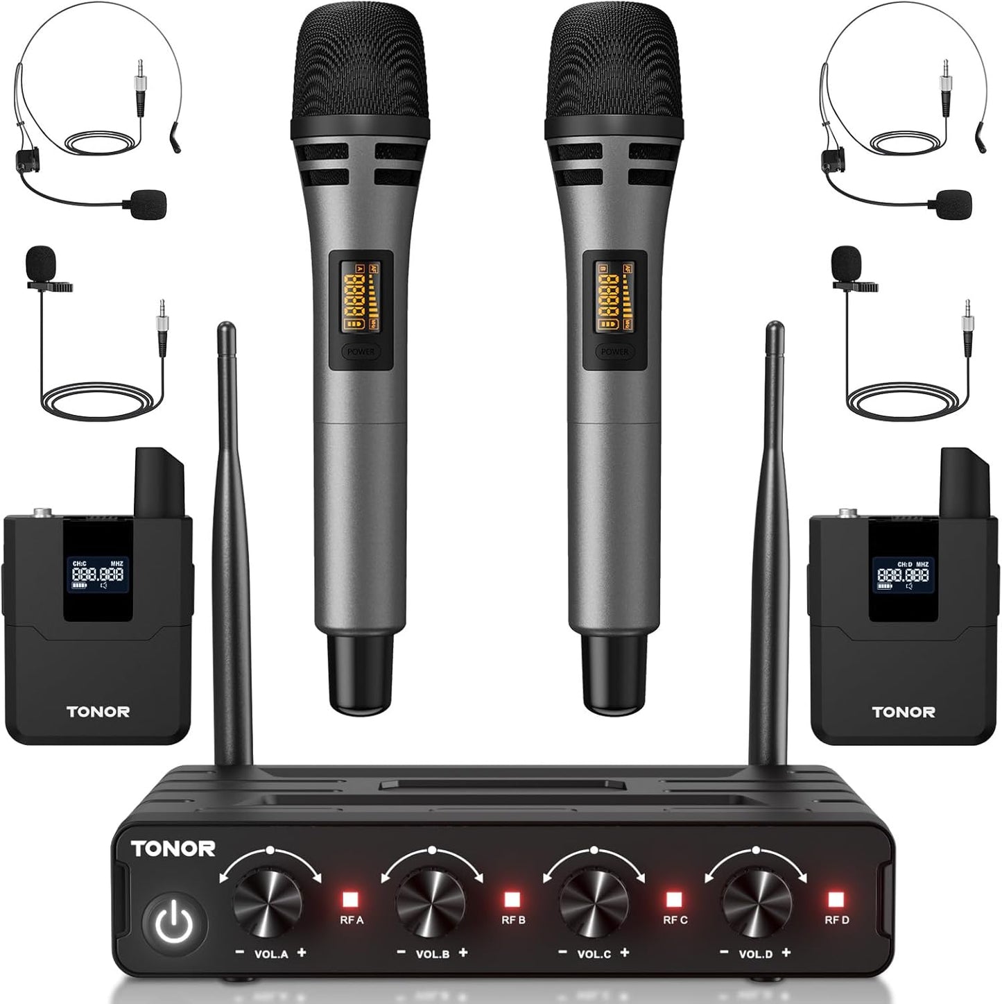TONOR Wireless Microphone System, 4 * 10-Channel UHF Cordless Handheld Mic Set with Headset/Lavalier Lapel Mics, Bodypack Transmitter, Receiver, 200ft Range for Karaoke Singing Church DJ PA Speaker