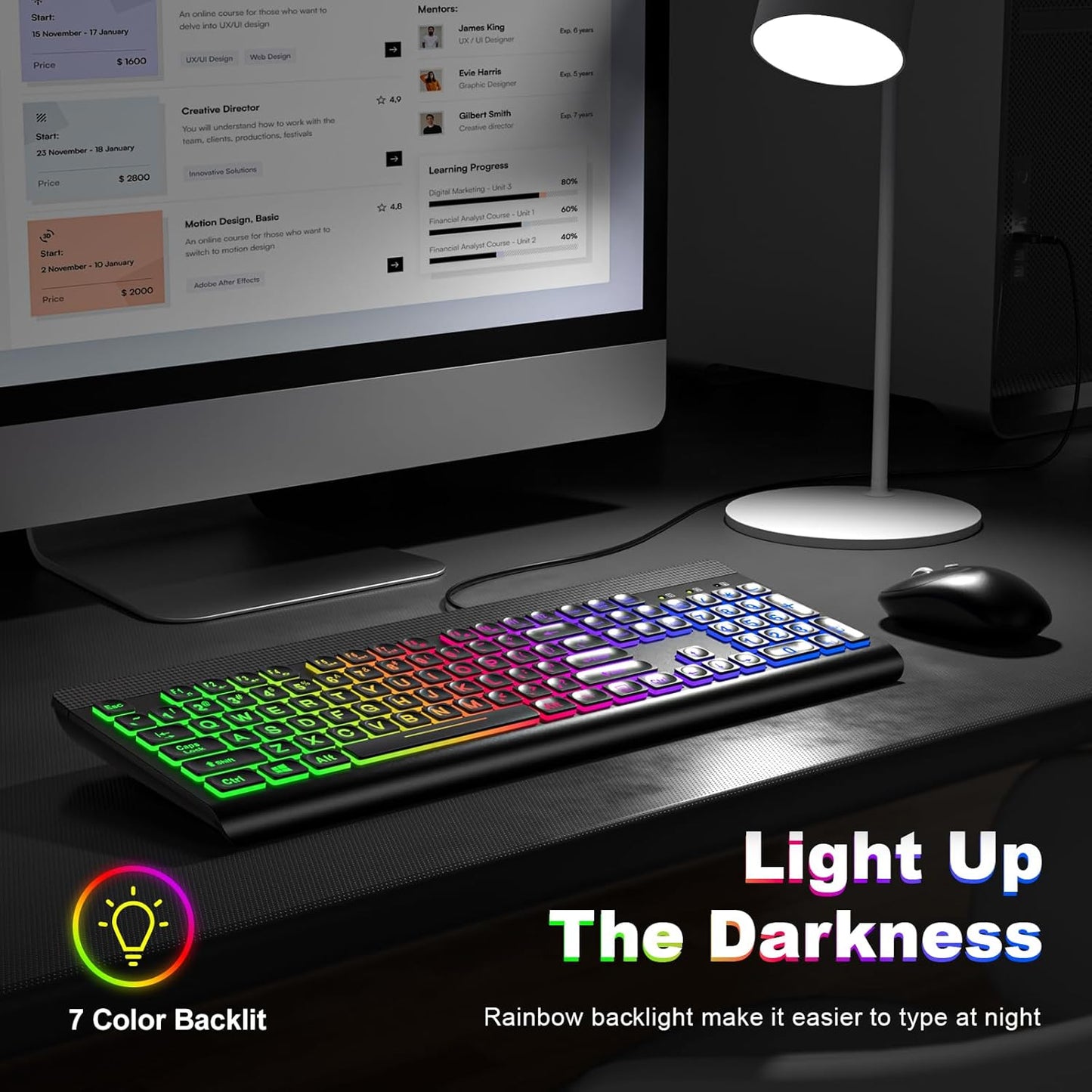Large Print Backlit Keyboard, USB Wired Computer Keyboard, Full Size Keyboard with Rainbow Illuminated LED Compatible for Windows Desktop, Laptop, PC, Gaming, Black