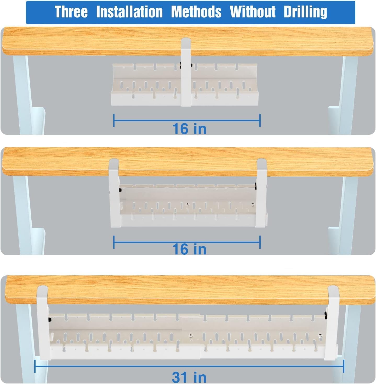 No Drilling Extendable Under Desk Cable Management, Metal Cable Management Tray Under Desk with Clamp, Retractable Power Strip Cord Holder for Wire Management 31Inch (1 Pack White)