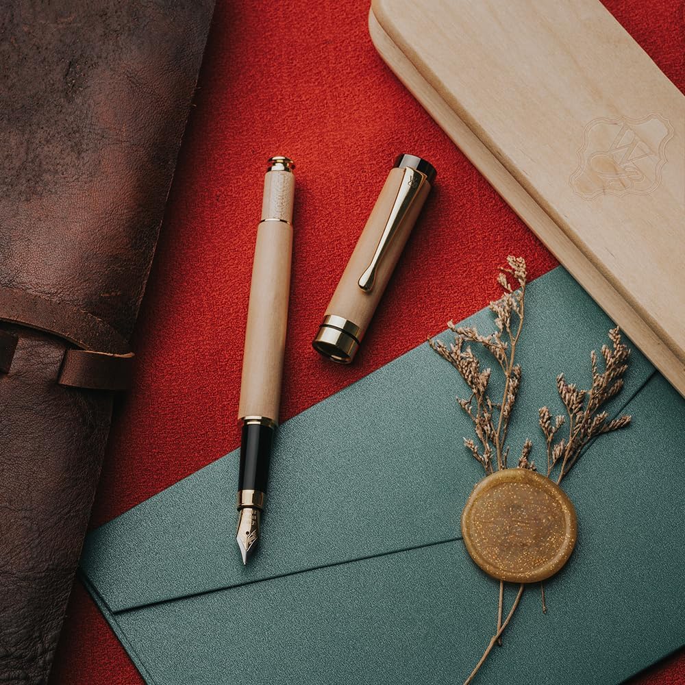 Wordsworth & Black Fountain Pen Set, Luxury Bamboo Wood - Fine Nib, Gift Case; Includes 6 Ink Cartridges, Ink Refill Converter -Journaling, Calligraphy; Drawing, Smooth Writing [Maple Wood]