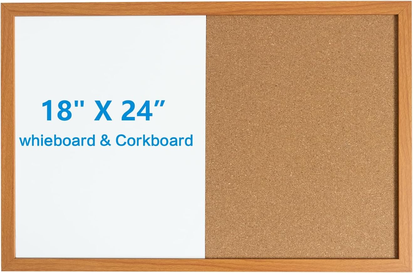 Combination Writeboard 24"x 18" Magnetic Whiteboard & Cork Board Dry Erase Board Bulletin Board Wall Mounted Wood Frame