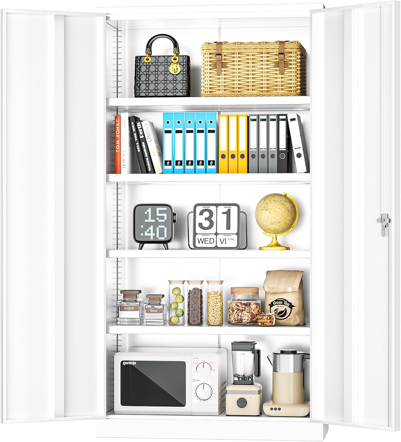 INTERGREAT Garage Storage Cabinets with Doors and Shelves,72" Tall White Steel Locking Cabinets Storage, Metal Cabinet for Home Office, Warehouse, School