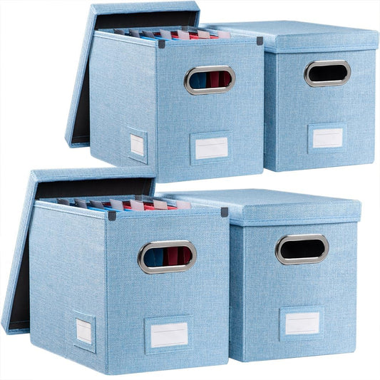 PRANDOM File Organizer Box - Set of 4 Collapsible Decorative Linen Filing Storage Hanging File Folders with Lids Office Cabinet Letter Size Blue (14x9.3x10.8 inch)