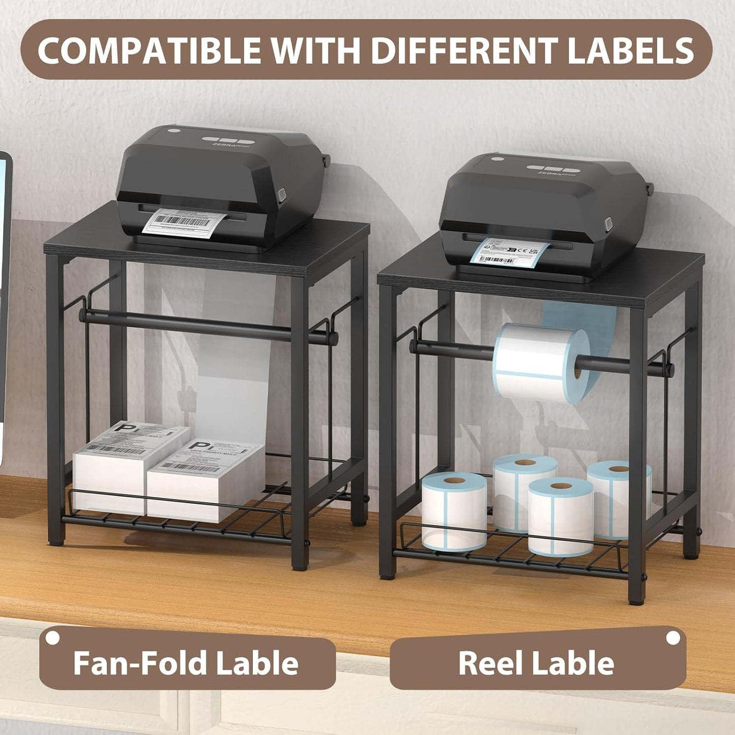 NANANARDOSO Label Holder for Thermal Printer with Basket,Wooden Label Holder for Shipping Label Printer,Sticker Roll Holder for Home, Office Small Business,Black