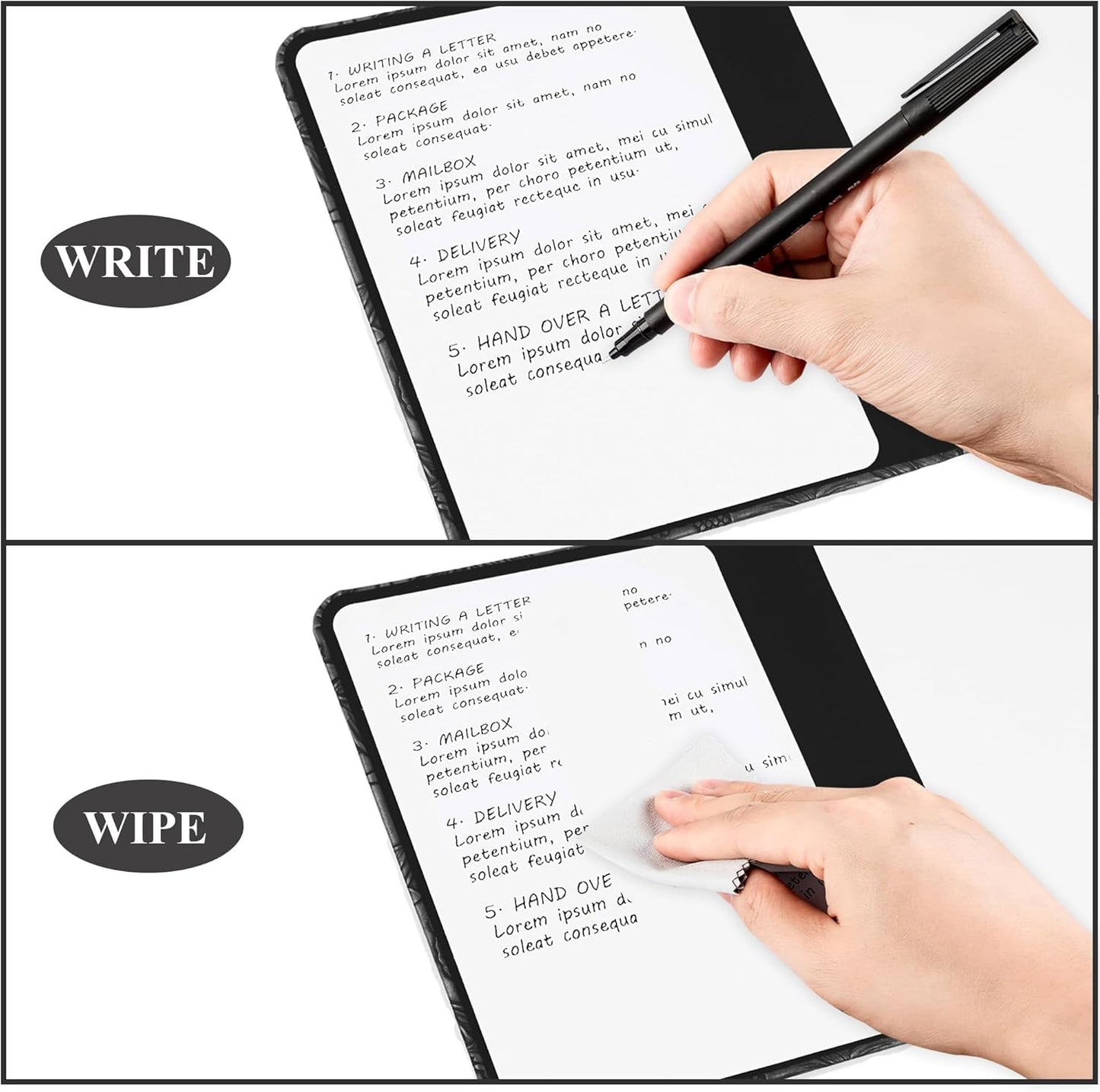 Portable Small White Board Dry Erase Board, Reusable 9.5 * 6.6in Notebook Memo, Office Home Supplies Desk Accessories(1-Carved Black)