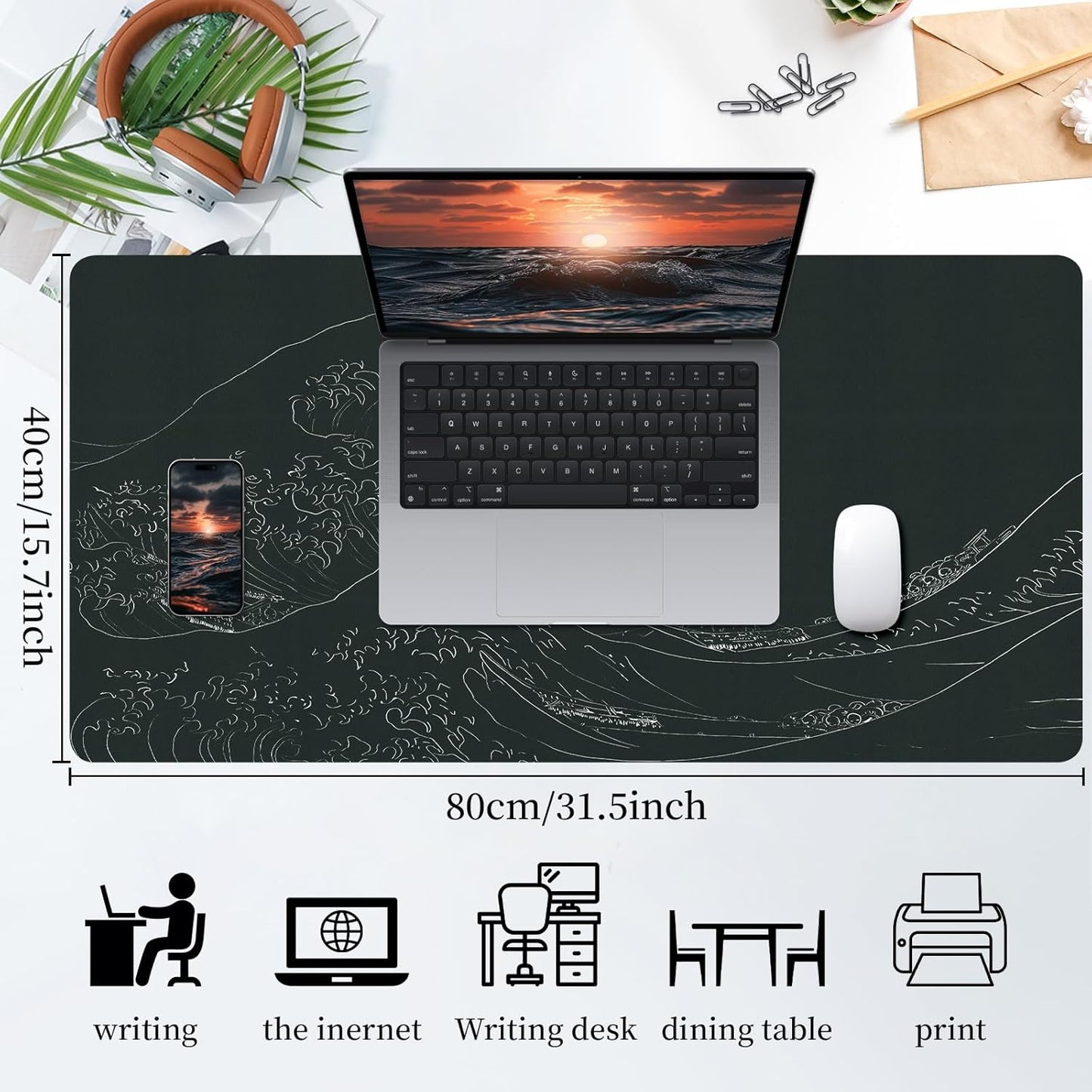Bloss Japanese Sea Wave Desks Mat,Anime Black Large Mouse pad,Kanagawa Gaming Desk Pad Mat,Desk Blotter Mat,Waterproof Computer Laptop Keyboard Desk Protector Mat for Office/Home/Gift,31.5" x 15.7"