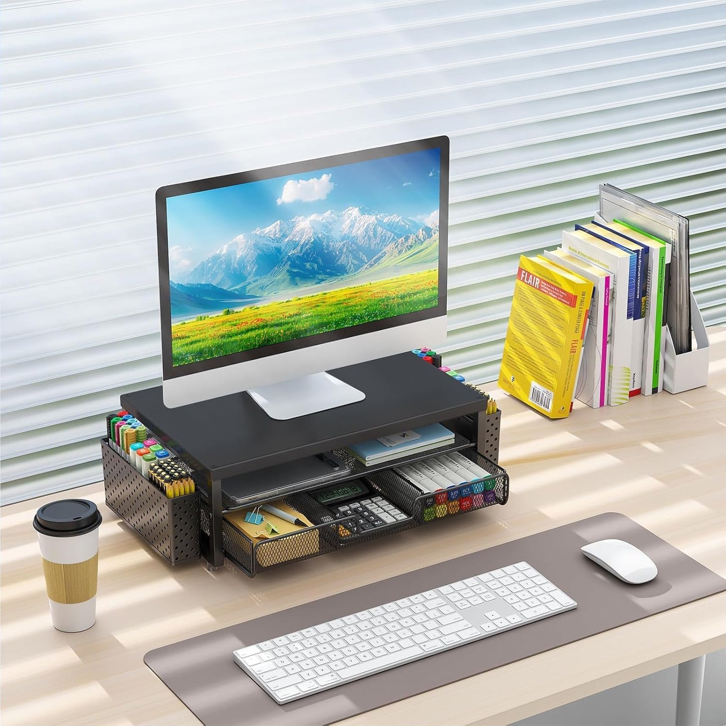 gianotter Wood Monitor Stand Riser, Office Desk Shelf Organizer, Desk Organizer with Drawer and Pen Holder, 2-Tier Computer Stand, Office Organization (Ink)