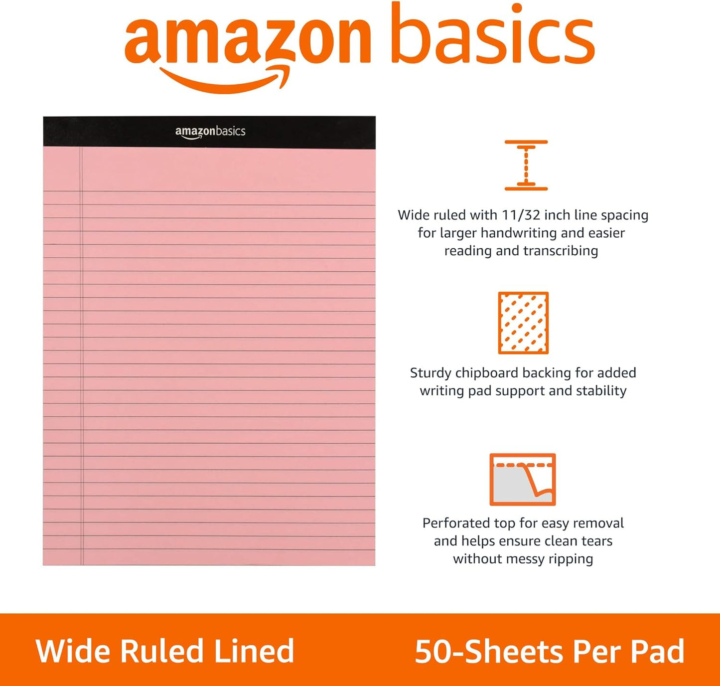 Amazon Basics Wide Ruled 8.5 x 11.75-Inch 50 Sheet Perforated Lined Writing Note Pads, Pack of 6, 300 Count, Multicolor