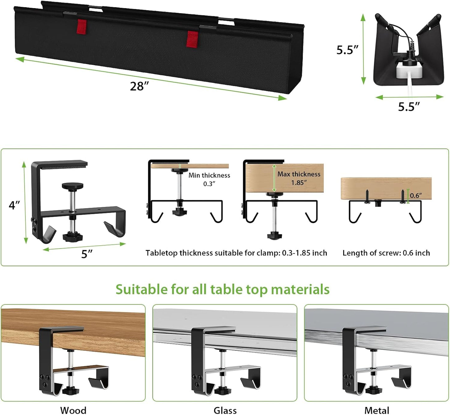 KEEGH No Drill Under Desk Cable Management Tray - 28" Cord Management Under Desk - Clamp/Screw Mount - Support Upto 70lbs - Fabric Wire Management - Gaming/PC Cable Tray Cord Hiders for Office/Home