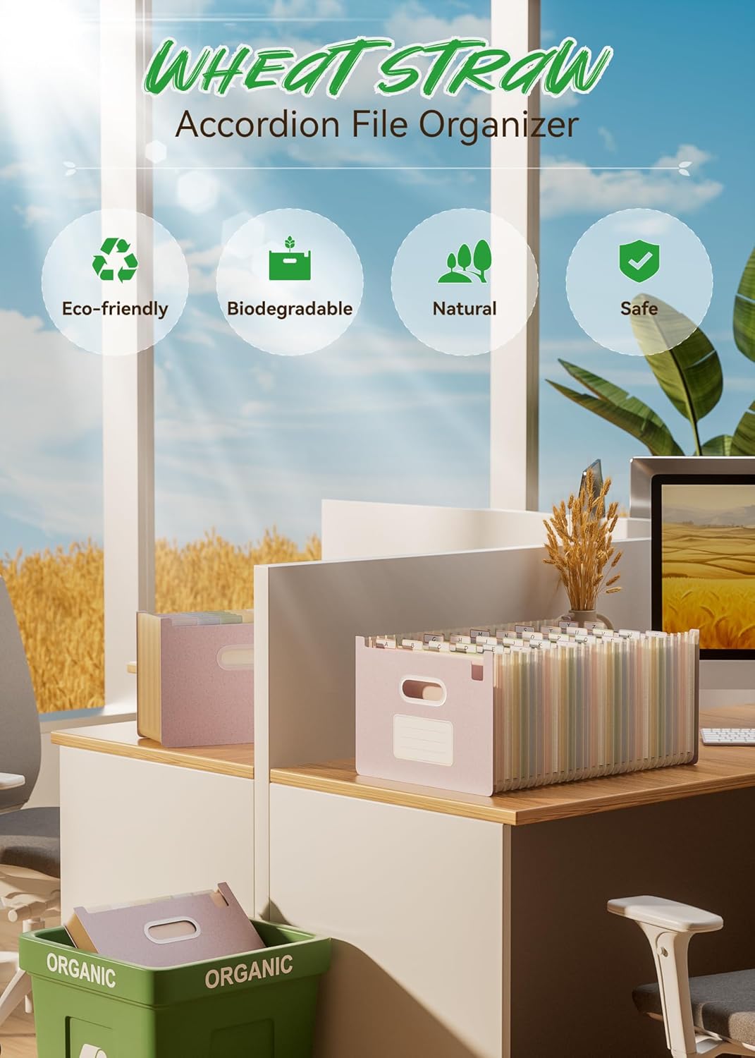 Accordion File Organizer, 26 Pockets Wheat Straw Expanding File Folders, Upright&Open Top, A-Z Bill Receipt Organizer, 100% BPA Free, Return to Nature, Healthy Living, Letter/A4 Size-Lavender Purple