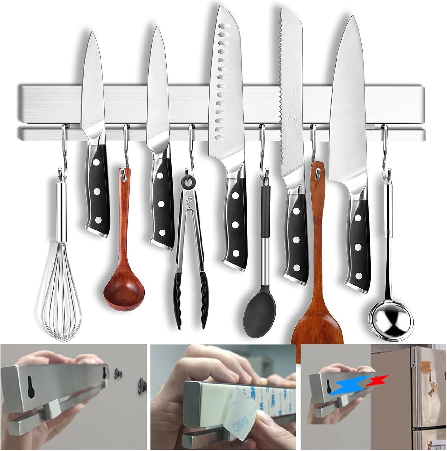 YIIYIIN 17" Premium 304 Stainless Steel Double-Sided Magnetic Knife Holder for Wall or Fridge -with Adhesive Strip, No Drill - 12 Hooks Included for Kitchen Utensils