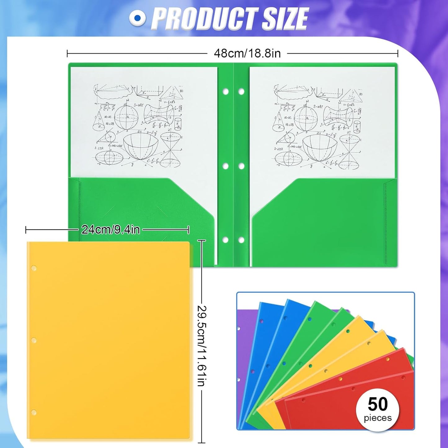 Yeaqee 50 Pcs Plastic Folders with Pockets Bulk 3 Hole Punched 2 Pocket File Folders for 3 Ring Binder Divider Folder for Notebooks, Durable Poly for Office Home (Multicolor)