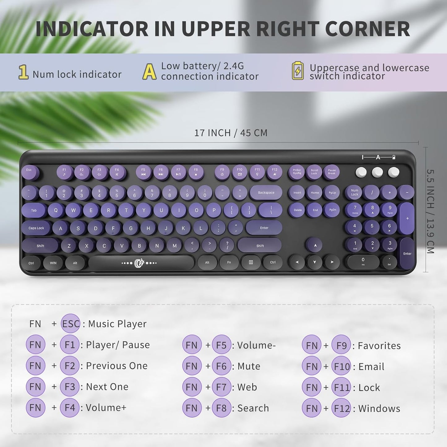 FOPETT Wireless Keyboard and Mouse Combo - 2.4G Full-Sized Cute Colorful Mouse and Keyboard with 104 Round Keys Retro Typewriter Keyboard for Laptop/Windows/PC - Purple Gradient