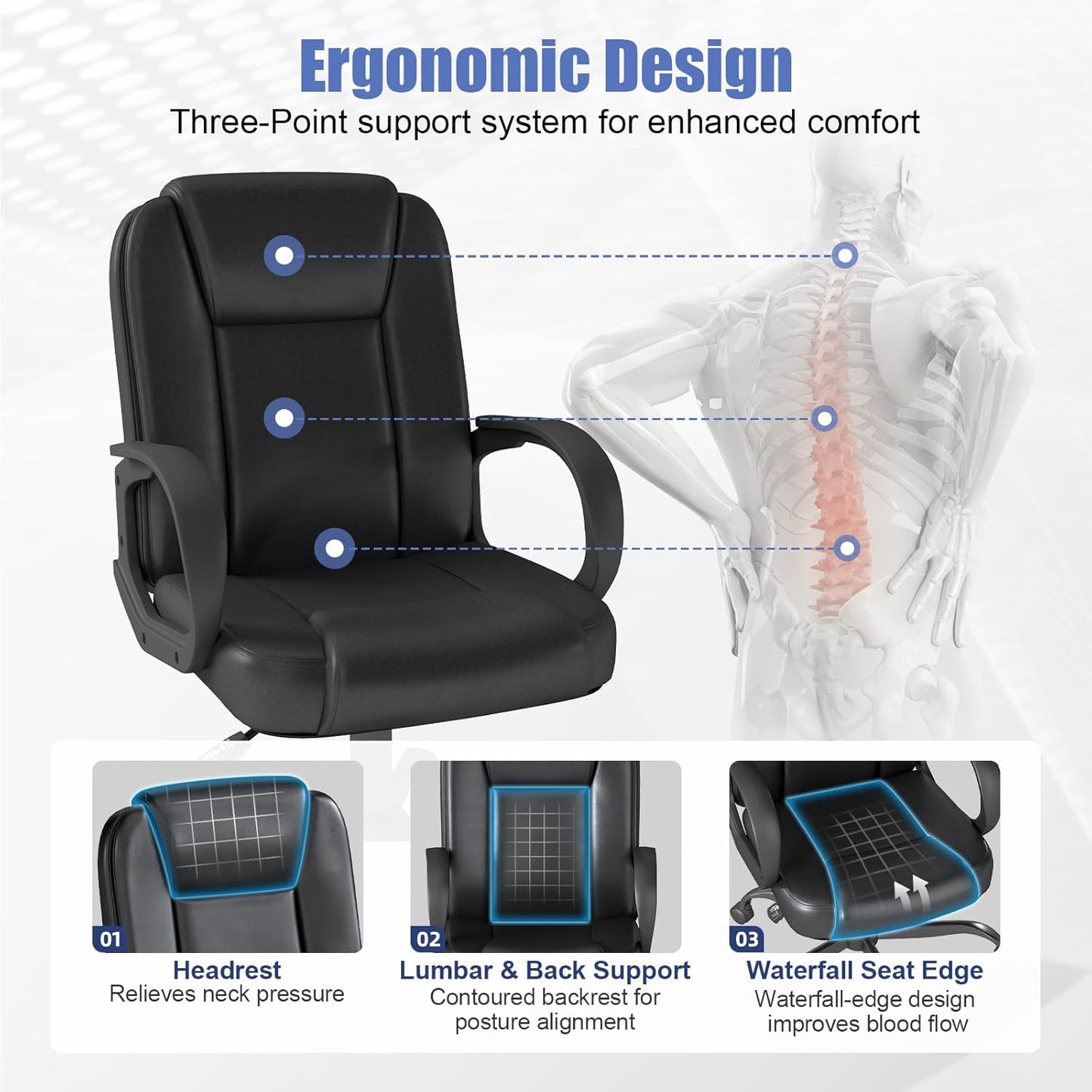 ZZH Executive Office Chair, Leather Desk Computer Chair with Armrests, Mid-Back Swivel Adjustable for Home Office, 2PC, Black