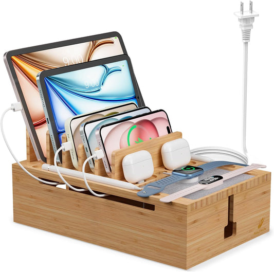 Pezin & Hulin Bamboo Charging Station for Multiple Devices, USB Charger Dock Organizer, with Power Supply (10 Ports HUB), 6 Cables, Cable Management Organizer for Cell Phones, Tablets -Natural Color