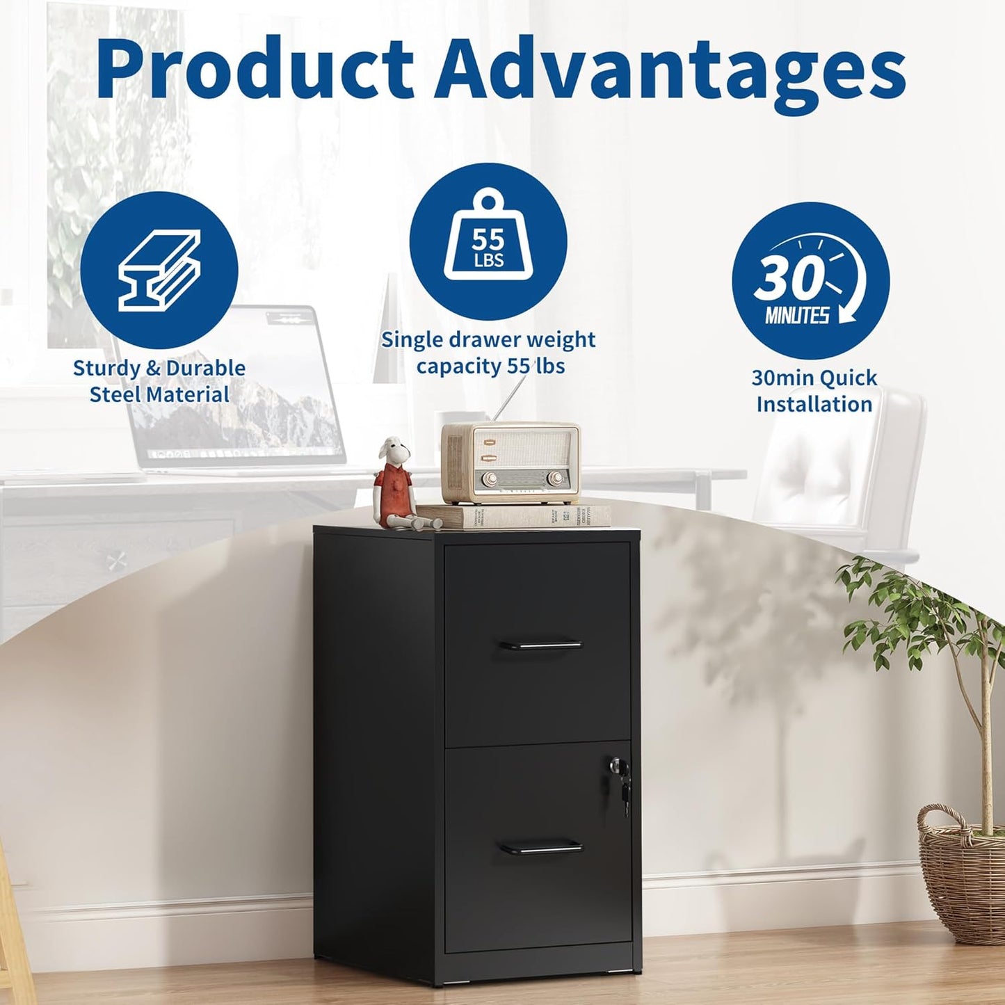 2-Drawer Locking Vertical File Cabinet, Metal Storage Cabinet for Office/Home – Secure Vertical Filing for Letter/Legal/A4/F4 Documents, Easy to Assemble Steel Cabinet (Black, 2 Drawer-25 H)